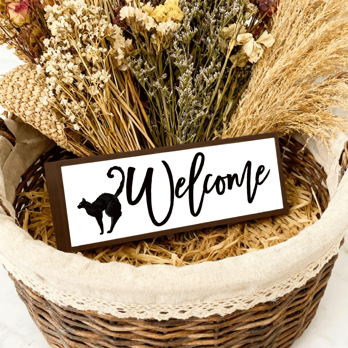 Welcome Wood Home Decor Signs, Welcome Black Cat Wood Plaque, Home Tabletop Desk Decorative Sign, Halloween Sign, Hanging Decorative Wooden Plaque 9.5x3.1 Inches(A29)