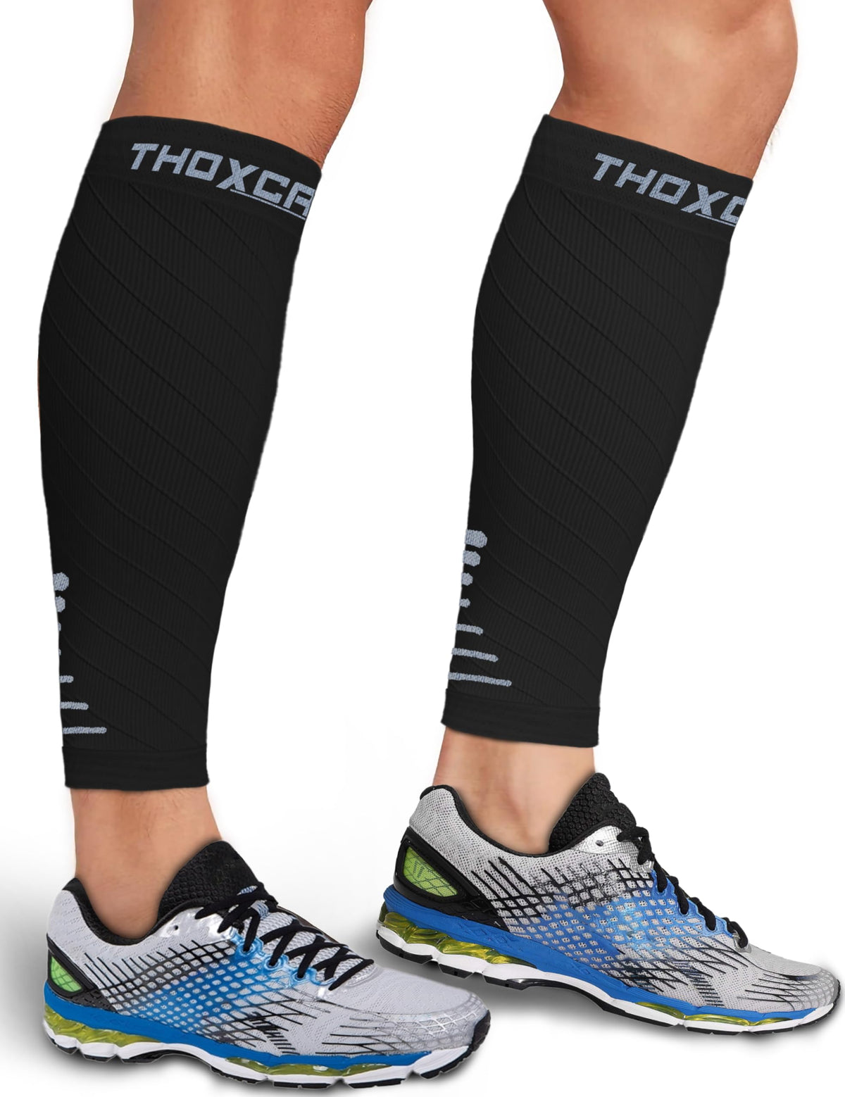 Thoxcare Calf Compression Sleeve for Men Women (1 Pair), Leg Support Footless Compression Socks for Running - Shin Splint Varicose Veins Swelling & Pain Relief, Black/Gray, Large
