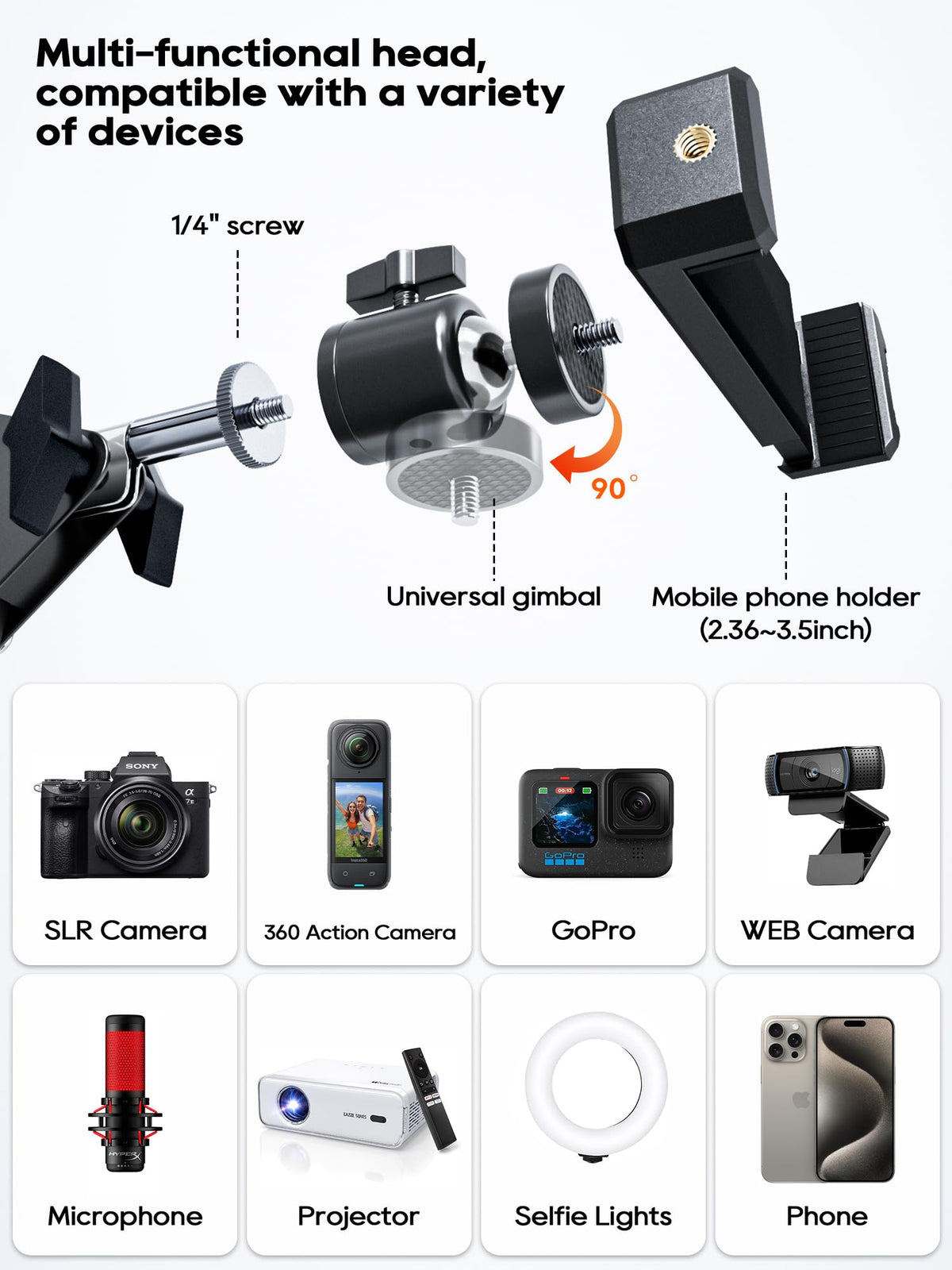 Overhead Camera Mount, Desk Camera Mount with Articulating Arm, 5lb Load Capacity, 360° Adjustable Stand for Phone/DSLR/Webcam, C-Clamp Tabletop Mount for Video Recording, YouTube, Live Streaming