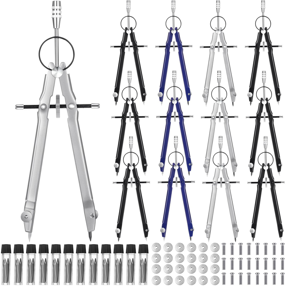 Zonon 12 Pcs Compass for Geometry Drawing Metal Compass with Extra Refills and Screws Circle Maker Back to School Circle Drawing Tool for Math Drafting Measuring Woodworking Office, 3 Colors