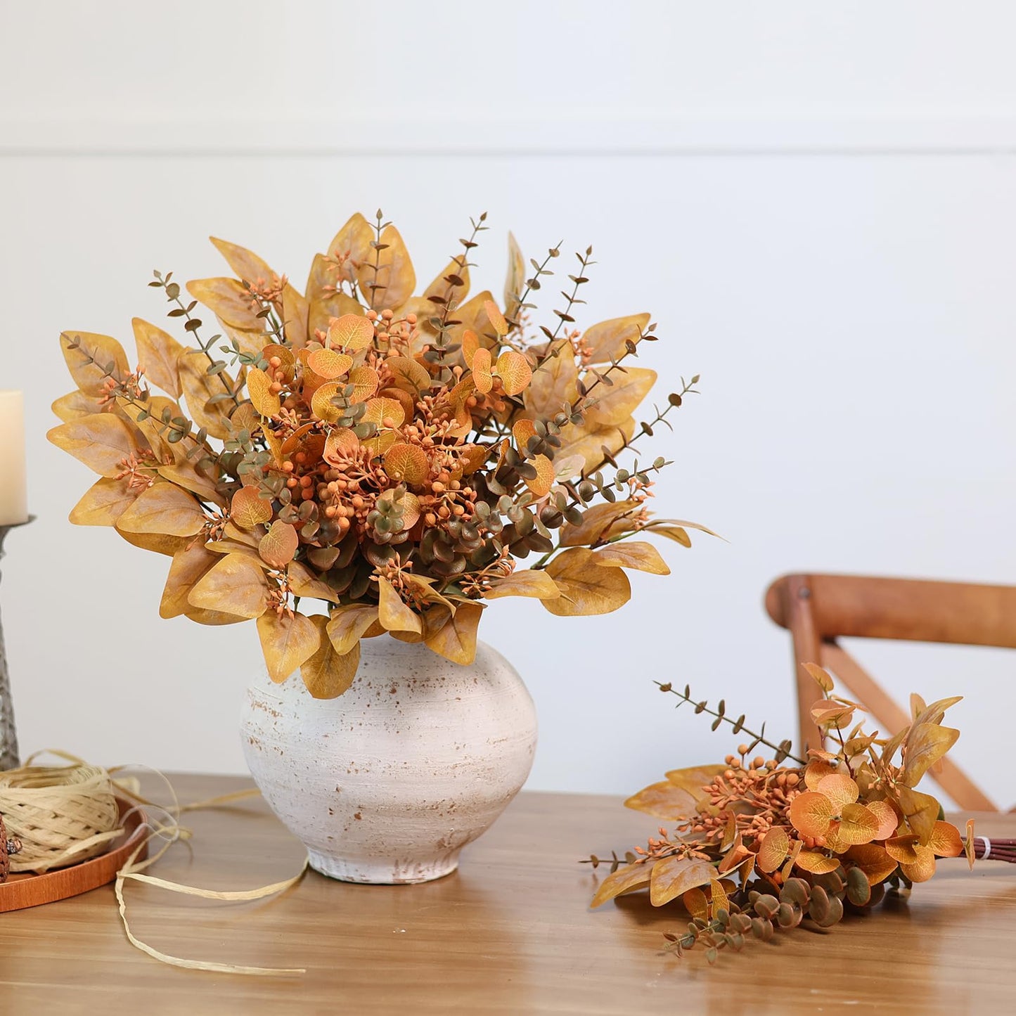 120 Pcs 5 Kinds Mixed Artificial Eucalyptus Leaves Stems and Fake Berry Bulk for Fall Decorations,Faux Plants Bundle for DIY Bouquets Floral Arrangement Wedding Engagement Party Autumn Decor (Orange)