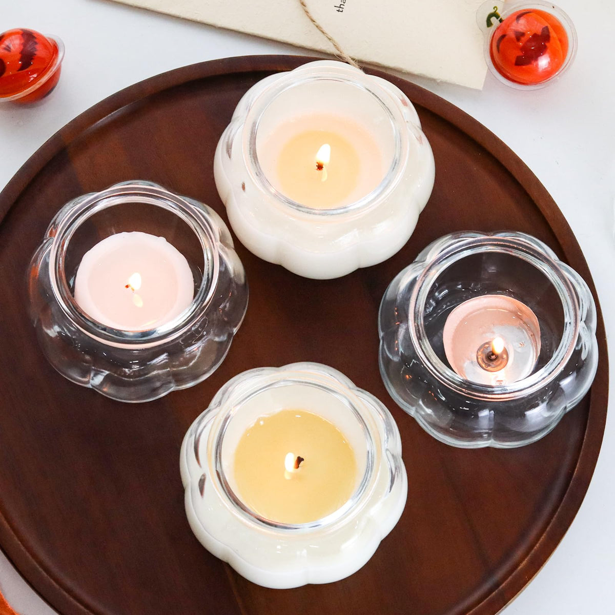 SYFURNIX Pumpkin Candle Jar for Making Candles, 4PCS Clear Glass Candle Jars with Lids, Small Candle Containers for DIY Candle Gifts Halloween Fall Thanksgiving Table Decorations