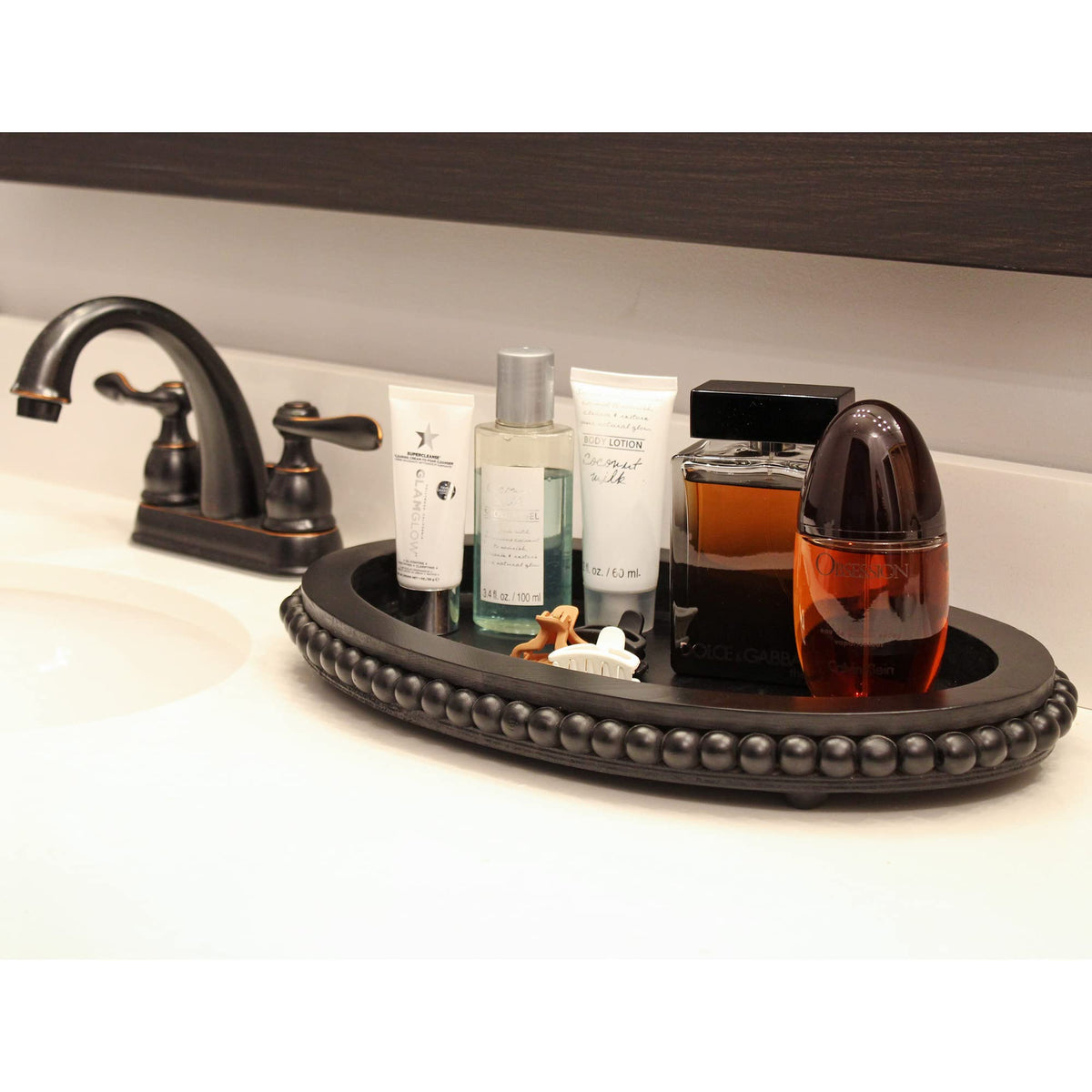 AuldHome Design Wood Beaded Tray (Black), Decorative Farmhouse Style Oval Wooden Tray