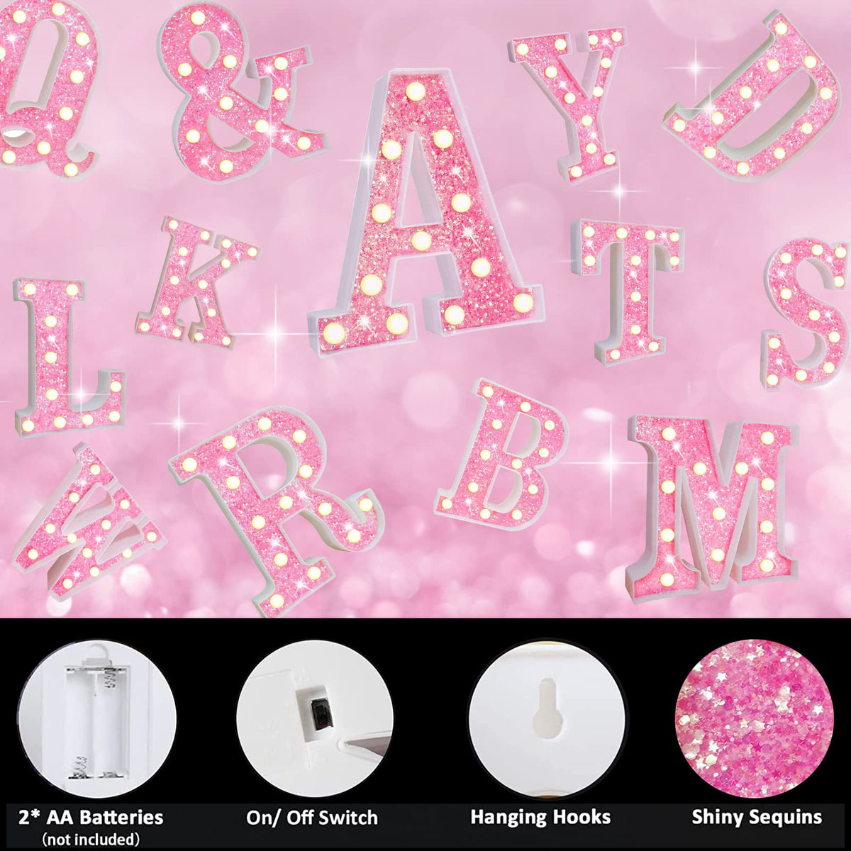 Light Up Letters, Glitter Alphabet Letter Sign Pink LED Marquee Letter Lights Battery Powered for Night Light Girls Bedroom Birthday Party Wedding Home Christmas Decorations Gift for Her-Pink C