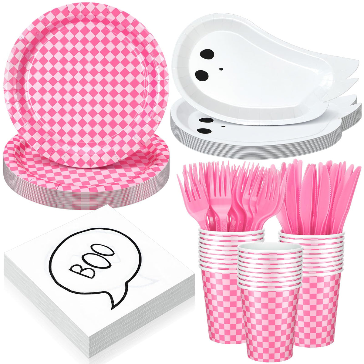 Yungyan 144 Pcs/24 Set Summer Halloween Paper Plates and Napkins Boo Ghost Plates Pink Cups with Forks and Knife Halloween Party Tableware Set for Spooky Birthday Party Decoration Boo Baby Shower