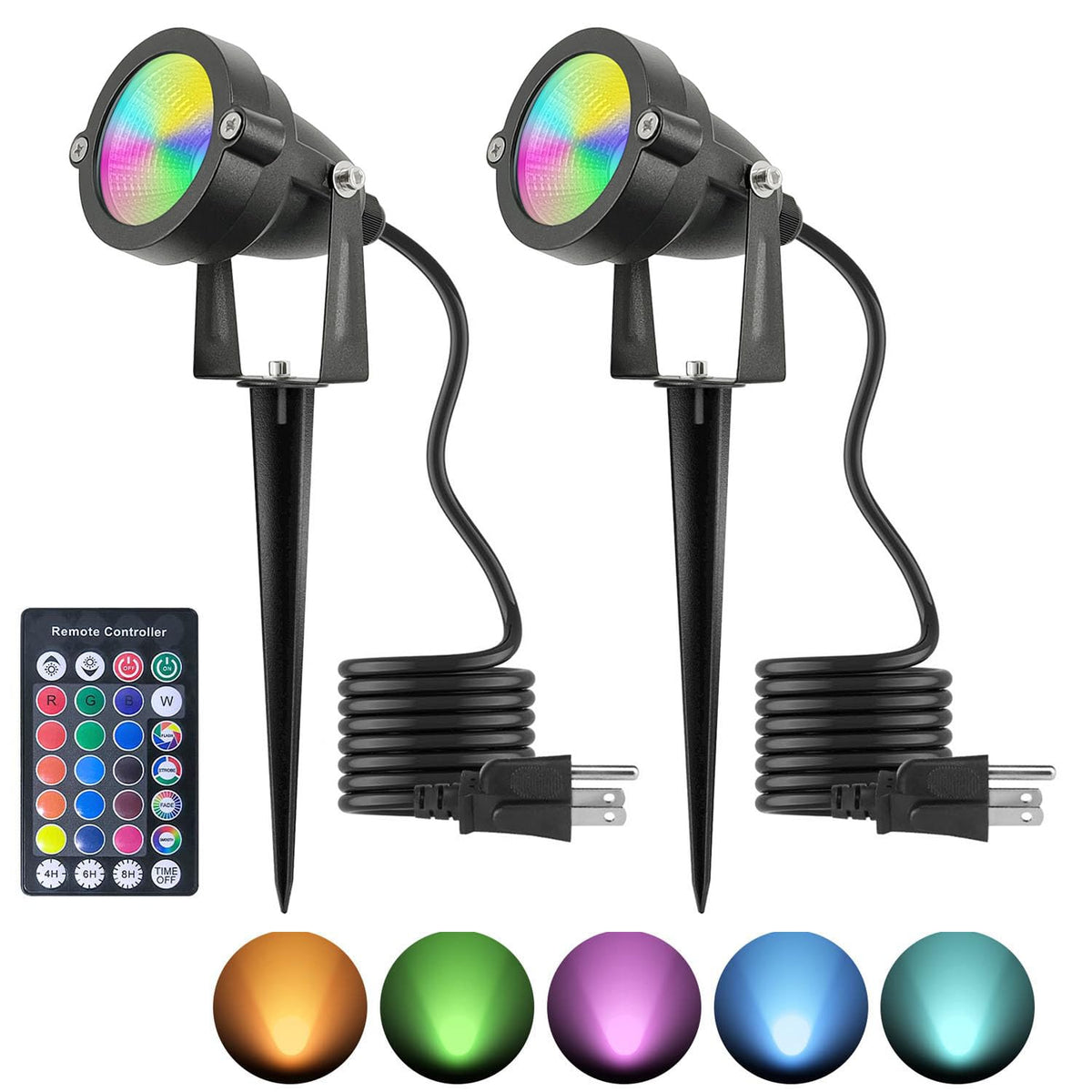 TENSUL Christmas Spotlight 10W LED Color Changing Outdoor Hallowmas Spot Lights Timer Remote IP65 Waterproof RGB Metal Case Spotlights with Stake Stand for Yard Garden Lawn House, 2 Lights