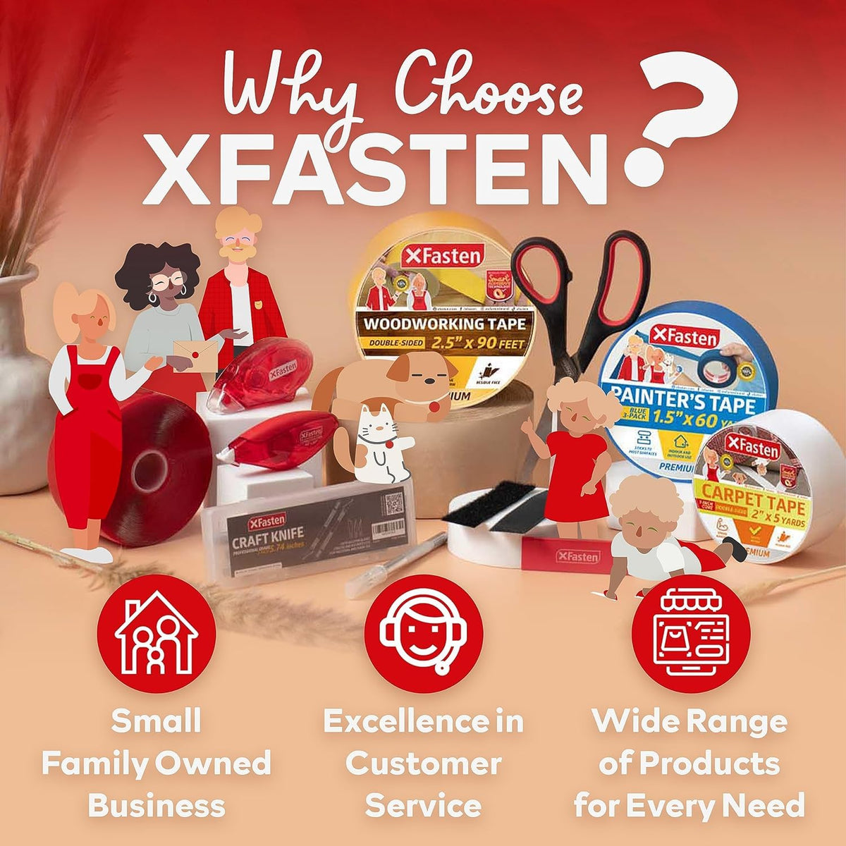 XFasten Double Sided Tape, Removable, 1/4-Inch by 20-Yards, Pack of 8 Ideal as a Gift Wrap Tape, Holding Carpets, and Woodworking