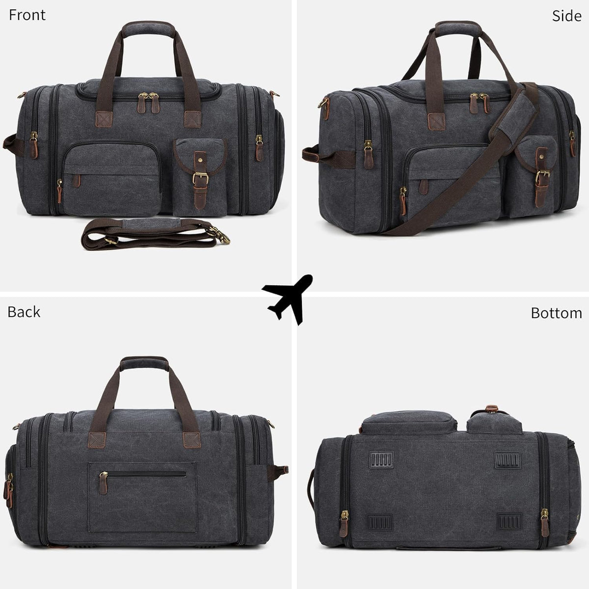 Mens Duffle Bag for Travel 60L Expandable Canvas Weekender Overnight Travel Duffel Bag with Shoe Compartment Carry-On for Airplanes Dark Gray
