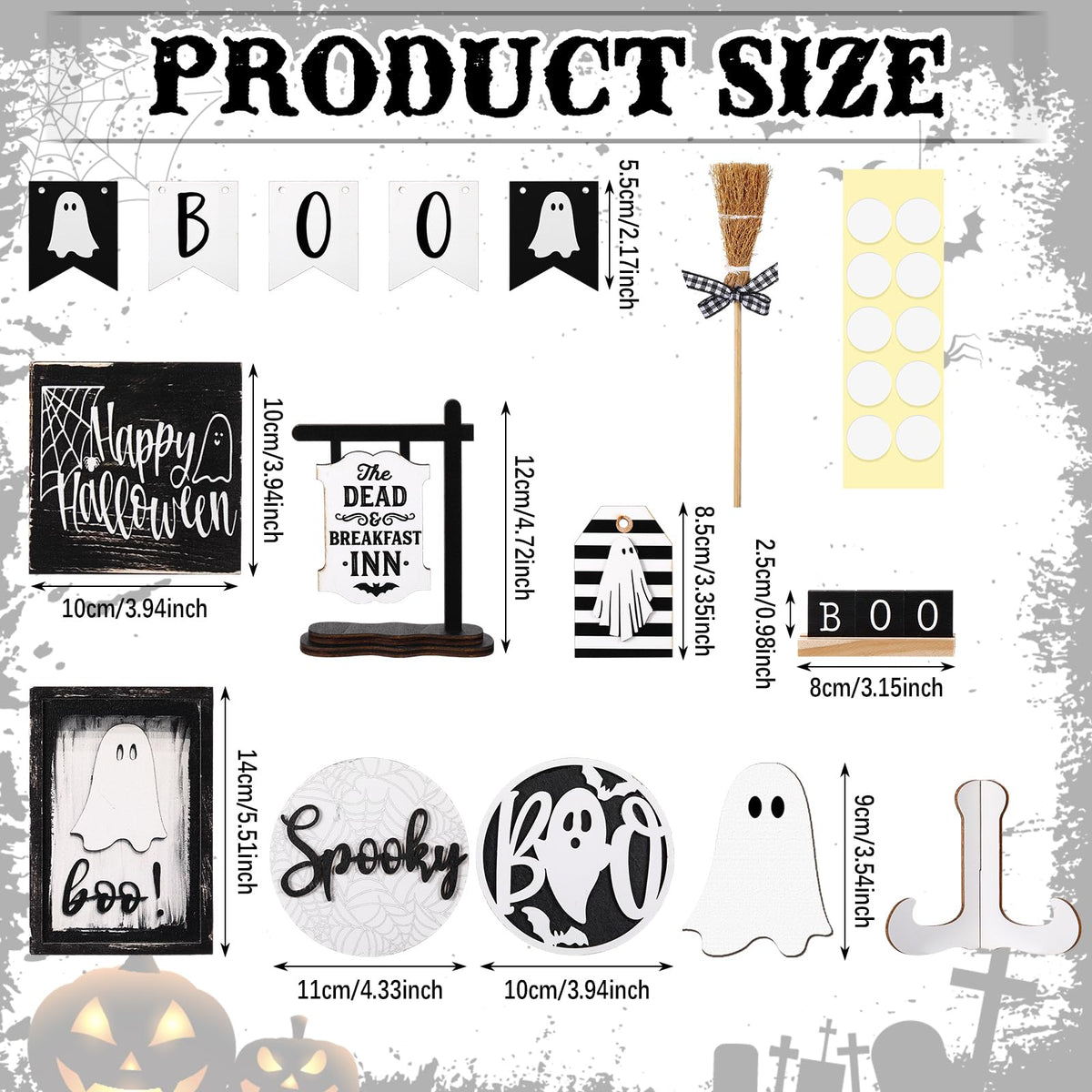 Wonderjune 19 Pcs Halloween Ghost Tiered Tray Decor Cute Boo Spooky Tray Decorations Black White Ghost Wooden Signs Mini Witch Broom Farmhouse Rustic Halloween Decorations for Home Table Office Desk