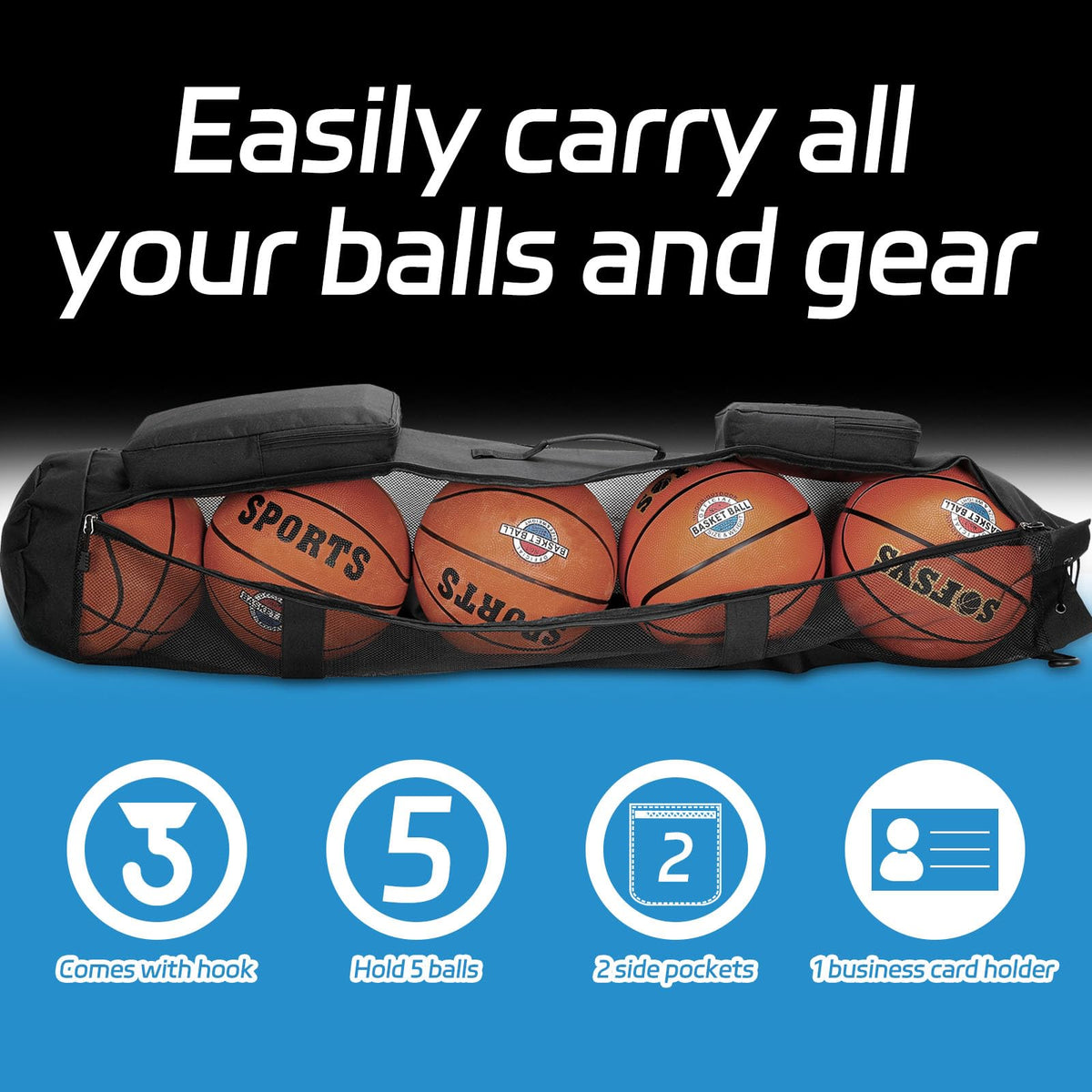 Skureay Basketball Bag for Team Balls, Heavy Duty Basketball Coashes Bag for 5 Basket Balls - Mesh Bags for Coaching/Adjustable Shoulder Straps/Volleyball Accessories