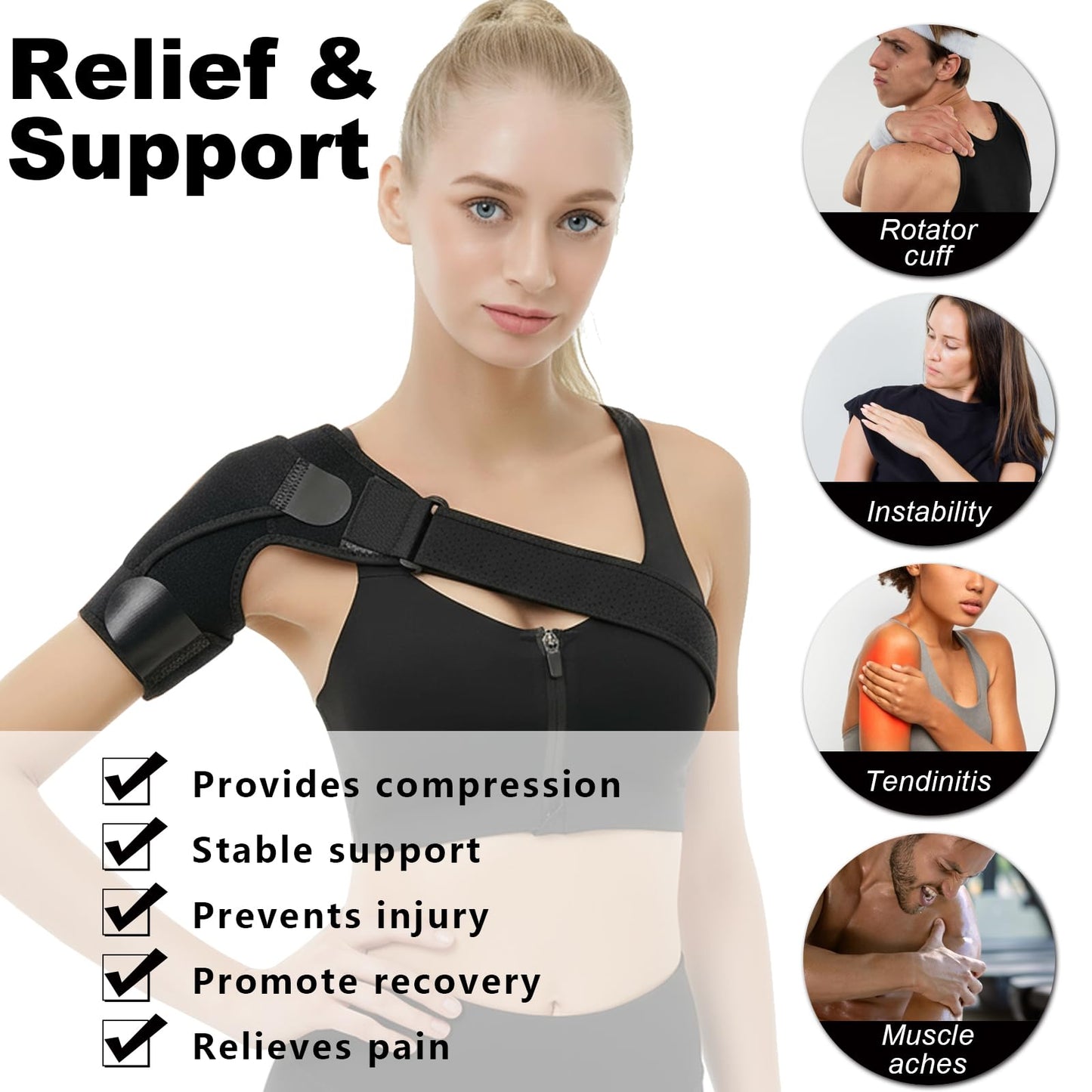 ZANSHI Shoulder Brace for Men & Women, Adjustable Shoulder Compression Sleeve Fits Left & Right Arms, Breathable Rotator Cuff Relief Brace for Pain Relief Compatible with Hot/Cold Pack (Black)