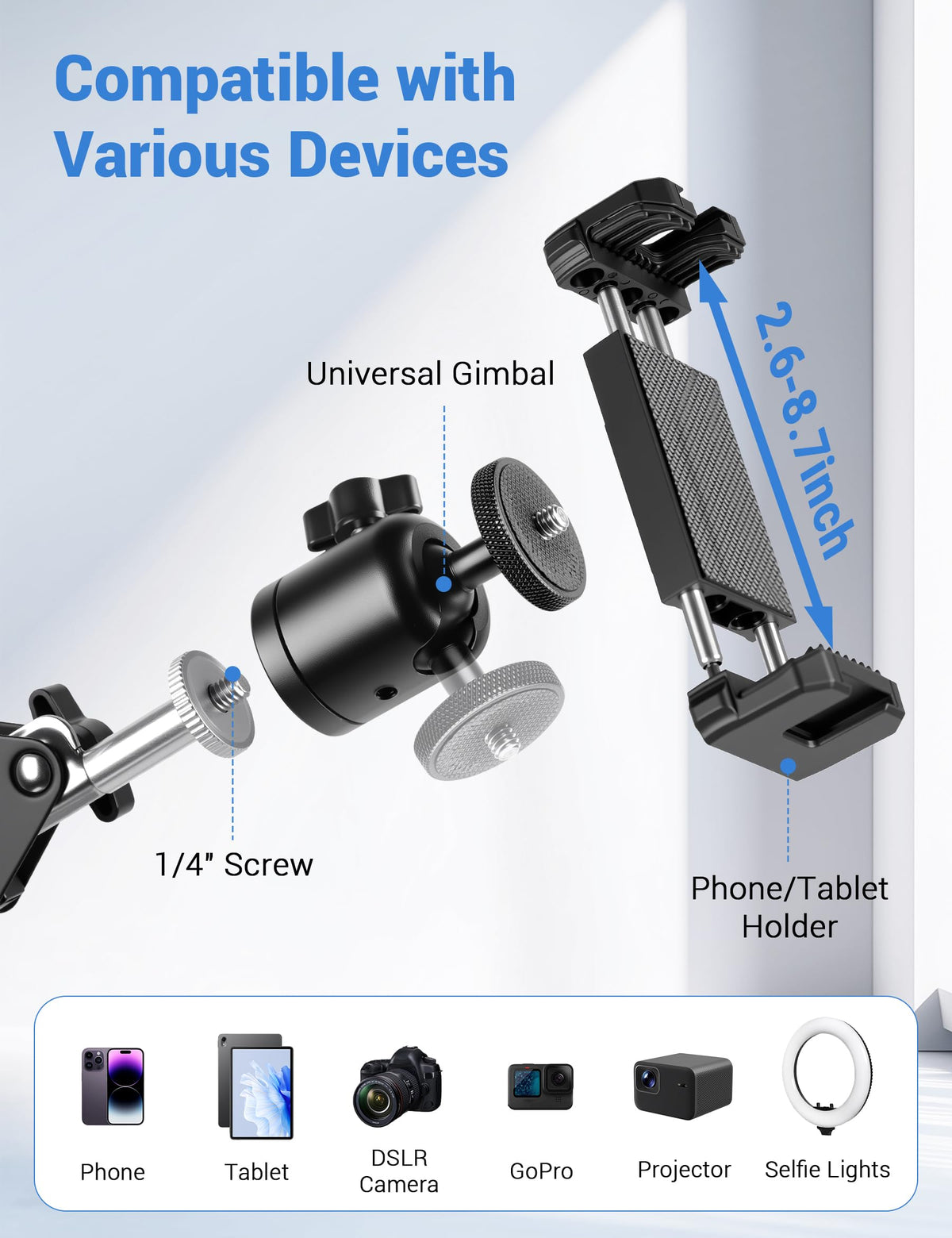 Evekea Overhead Camera Mount, Desk Camera Mount with 360° Adjustable Arm and Phone Holder for DSLR Cameras/iPhone/Webcam/Ring Light, Desk Phone Stand for Video Recording,Zoom Meeting,YouTube,TikTok