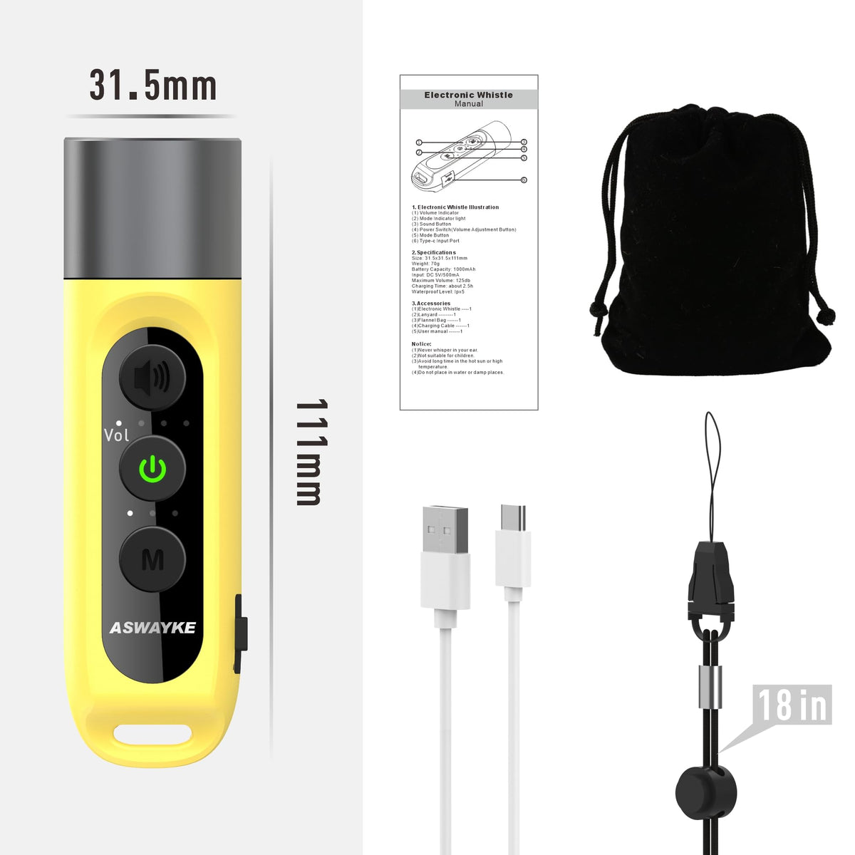 ASWAYKE Electronic Whistle Highest IPX5 Maximum Sound 125db Battery 1000mAh Yellow for Coaches Teacher, Sports Whistle