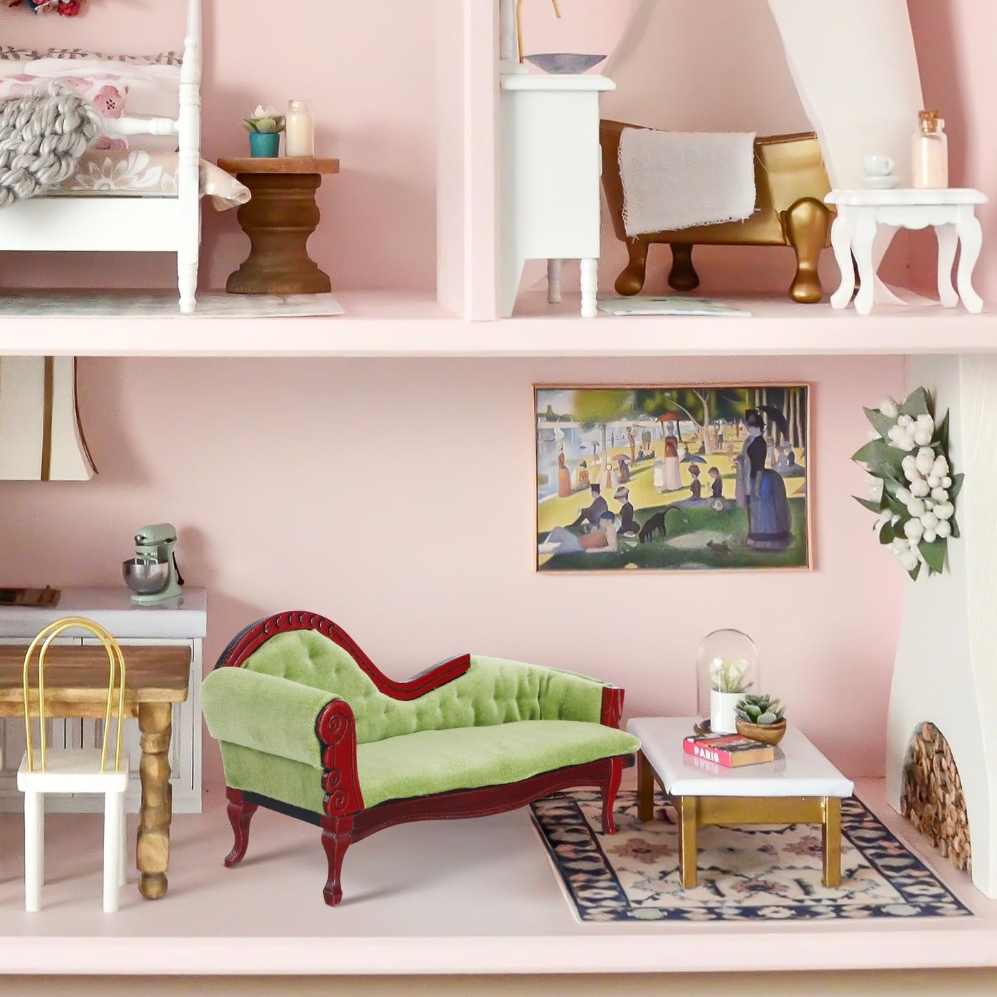 ABOOFAN 1:12 Scale Dollhouse Furniture, Victorian Miniature Couch with Carved Wood Frame, Miniature Sofa for Dollhouse Living Room Display