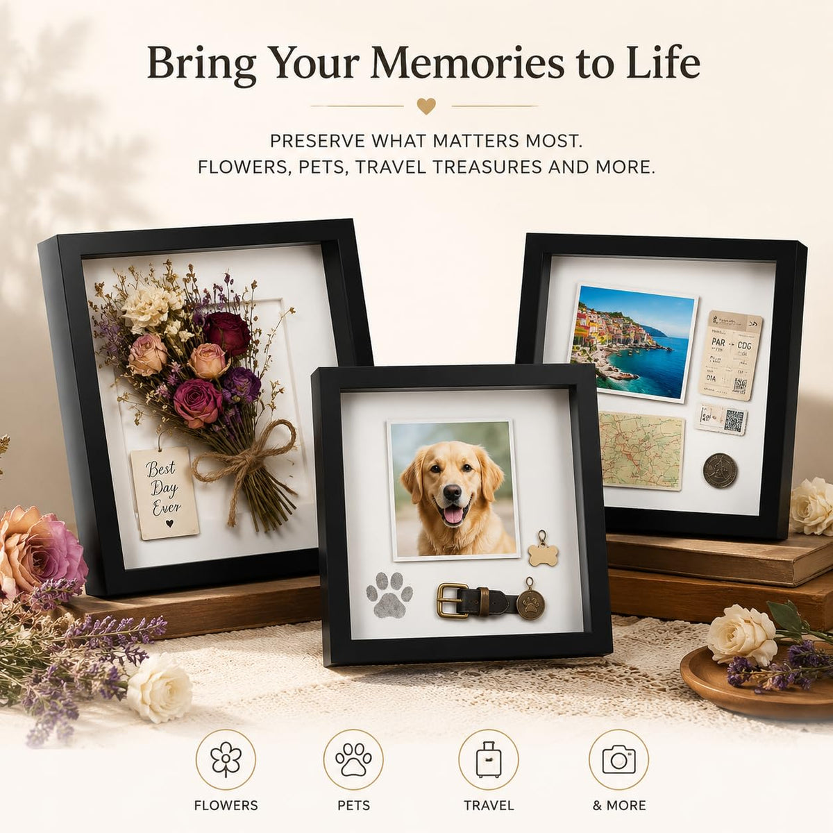 4 Pack Shadow Box Frame Display Cases, 8"x 8" Wood Deep Black Handicrafts Shadowbox Picture Frame for Flowers Jersey Baby Wedding Dress (Black)