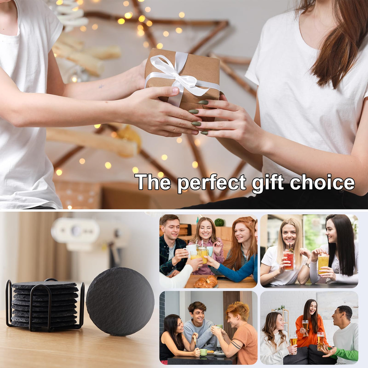 24 PCS Slate Coasters Set, 4 Inch Black Round Stone Drink Coasters Bulk, Laser Engraving Blanks with Anti-Scratch Bottom for Coffee Bar Home Kitchen Decor, Ideal Housewarming Wedding Gifts