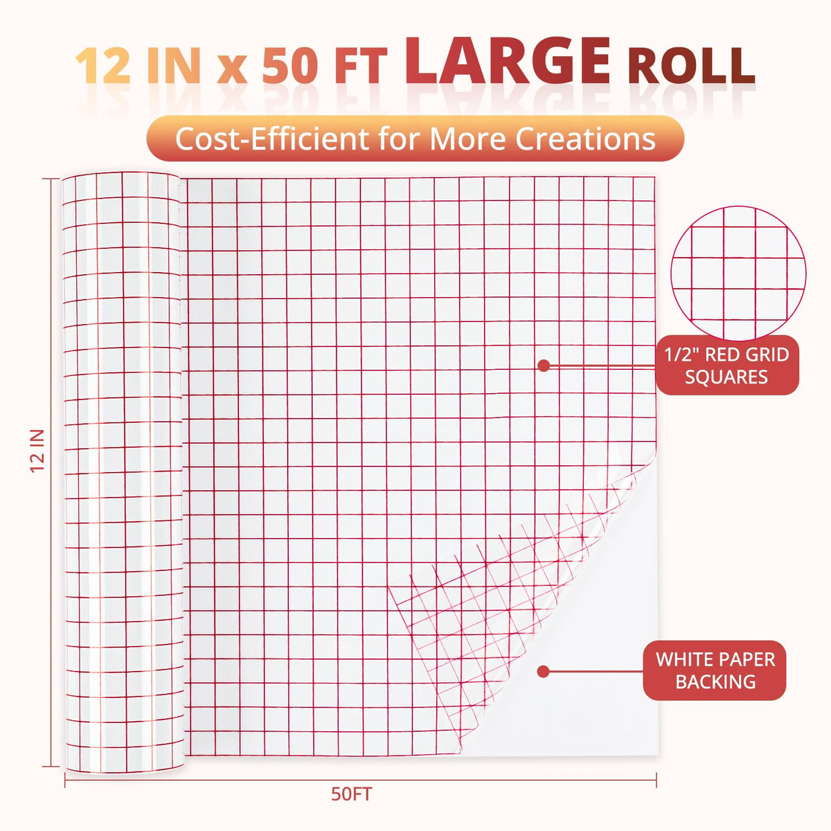 YRYM HT Clear Vinyl Transfer Paper Tape Roll - 12 x 50 FT w/Alignment Grid Application Tape Compatible with Cricut Explore & Maker Machines, Adhesive Vinyl for Decals, Signs, Windows, Stickers