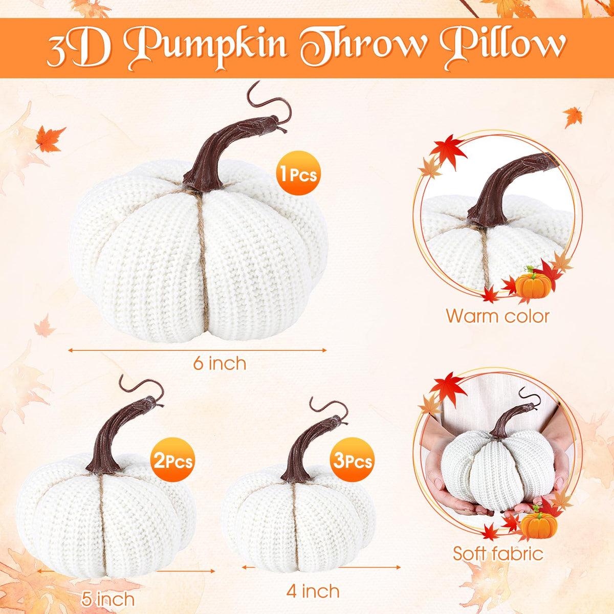 HunnmingRe 6 Pcs Thanksgiving Decor White Crochet Pumpkins Large 6 Inch Faux Fall Pumpkin Decor for Thanksgiving Farmhouse Autumn Rustic Mantel Table