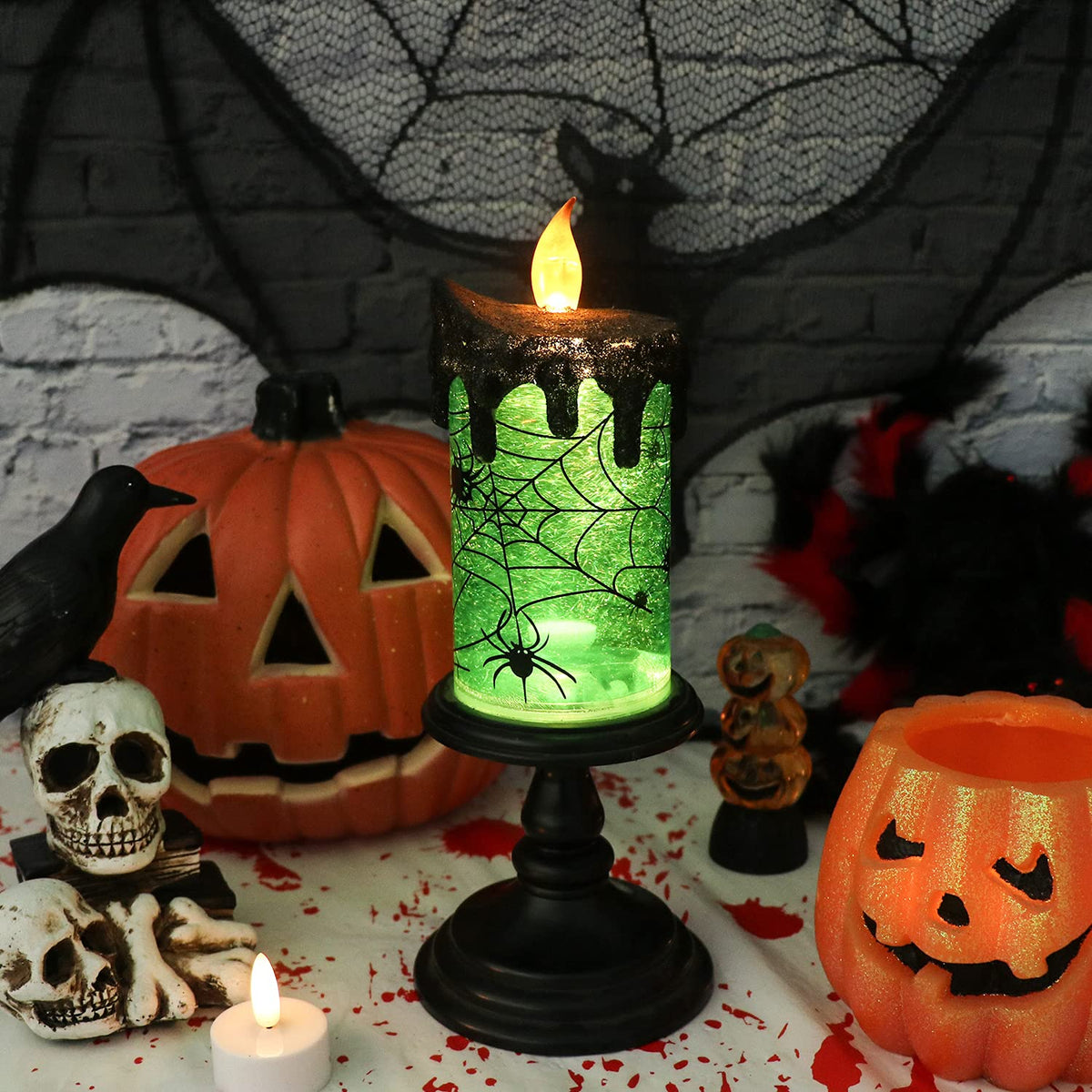Eldnacele Halloween Snow Globe Candles Lighted Lamp, Battery Operated Spooky Spinning Water Glittering Tornado Candle Flameless Candles Table Centerpiece for Halloween Decoration Indoor(Spider)