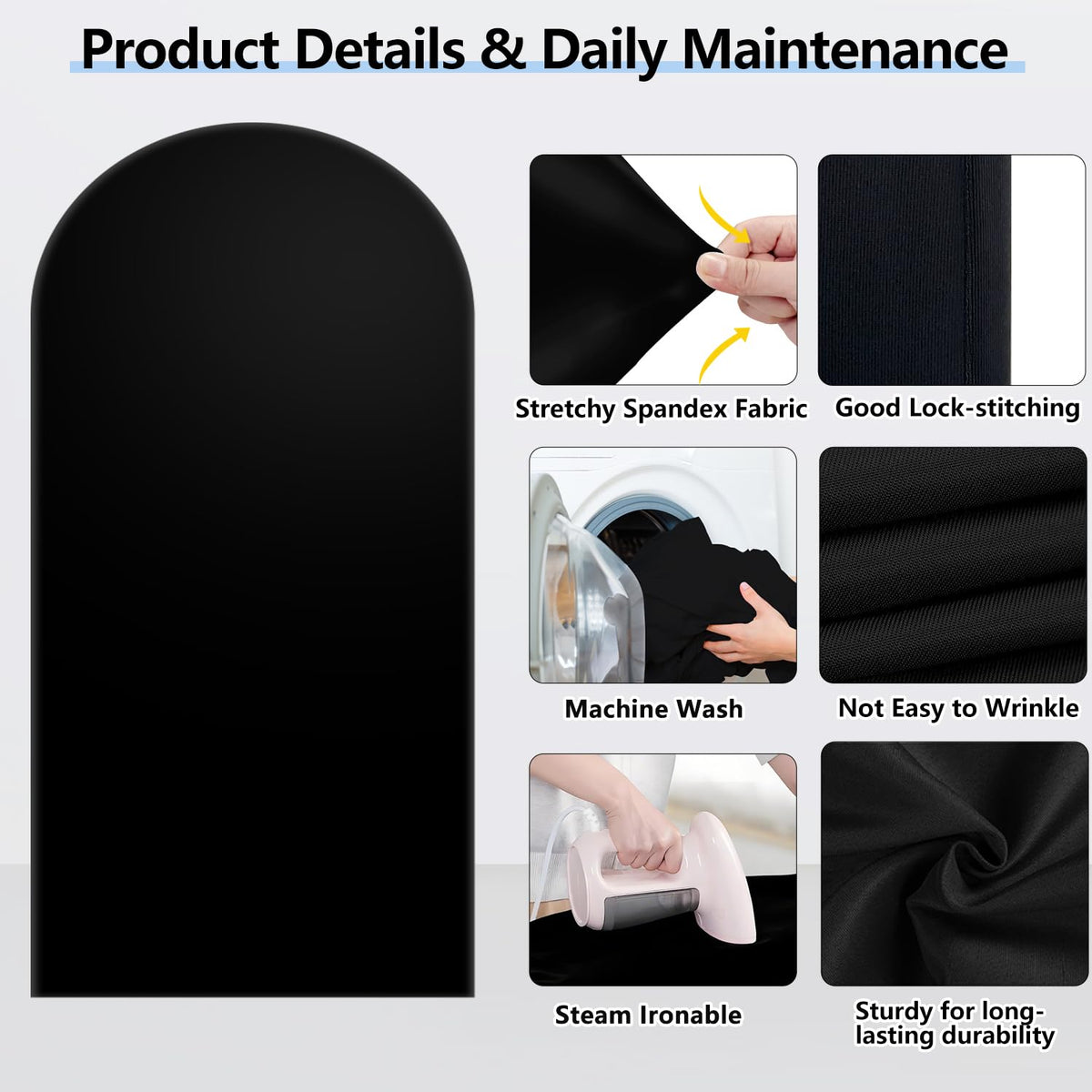 Hemmotop Black Arch Backdrop Cover Set of 3-7.2ft/ 6.6ft/ 6ft Wedding Arch Covers Stretchy Backdrop, Spandex Arched Stand Background Covers for Birthday Graduation Halloween Party Decorations