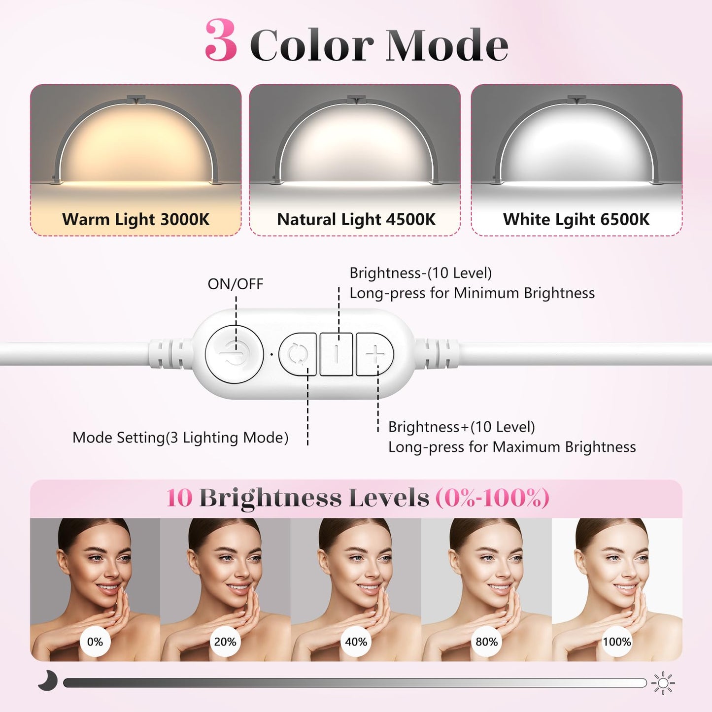 Yokilly Half Moon Nail Desk Lamp - 23in Foldable with Phone Holder, 3 Color Modes, 10 Brightness Levels, Small, Crystal Diamond
