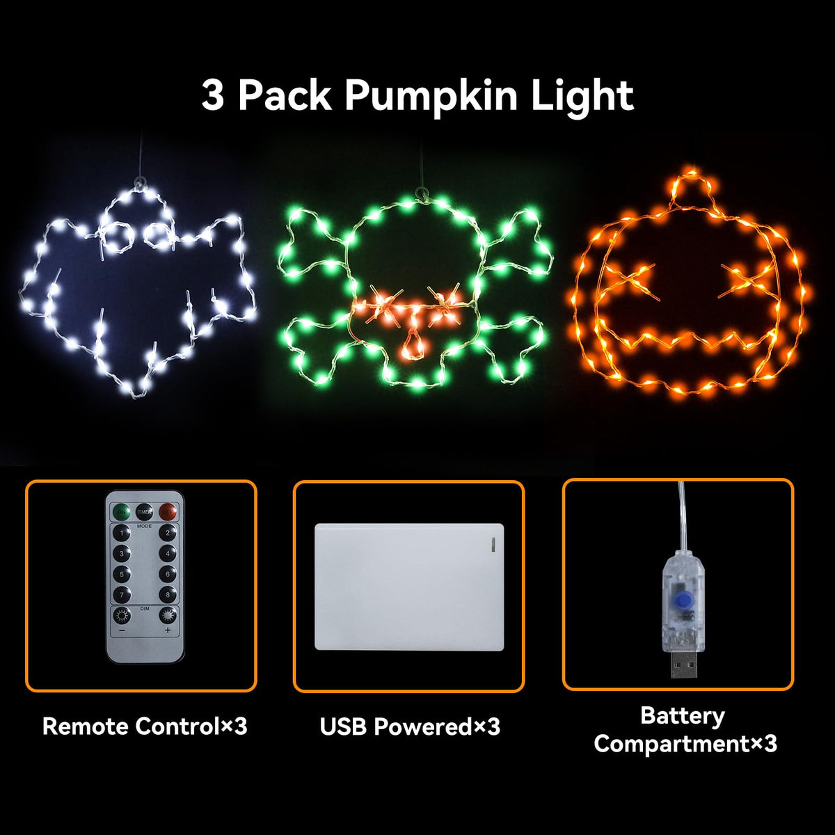 Veeydrut Halloween Decorations Lights 3 Packs, USB or Battery Powered Halloween Ghost Skeleton Skull Decor String Lights, 8 Modes Remote Control with Timer, Outdoor Indoor Home Party Gift