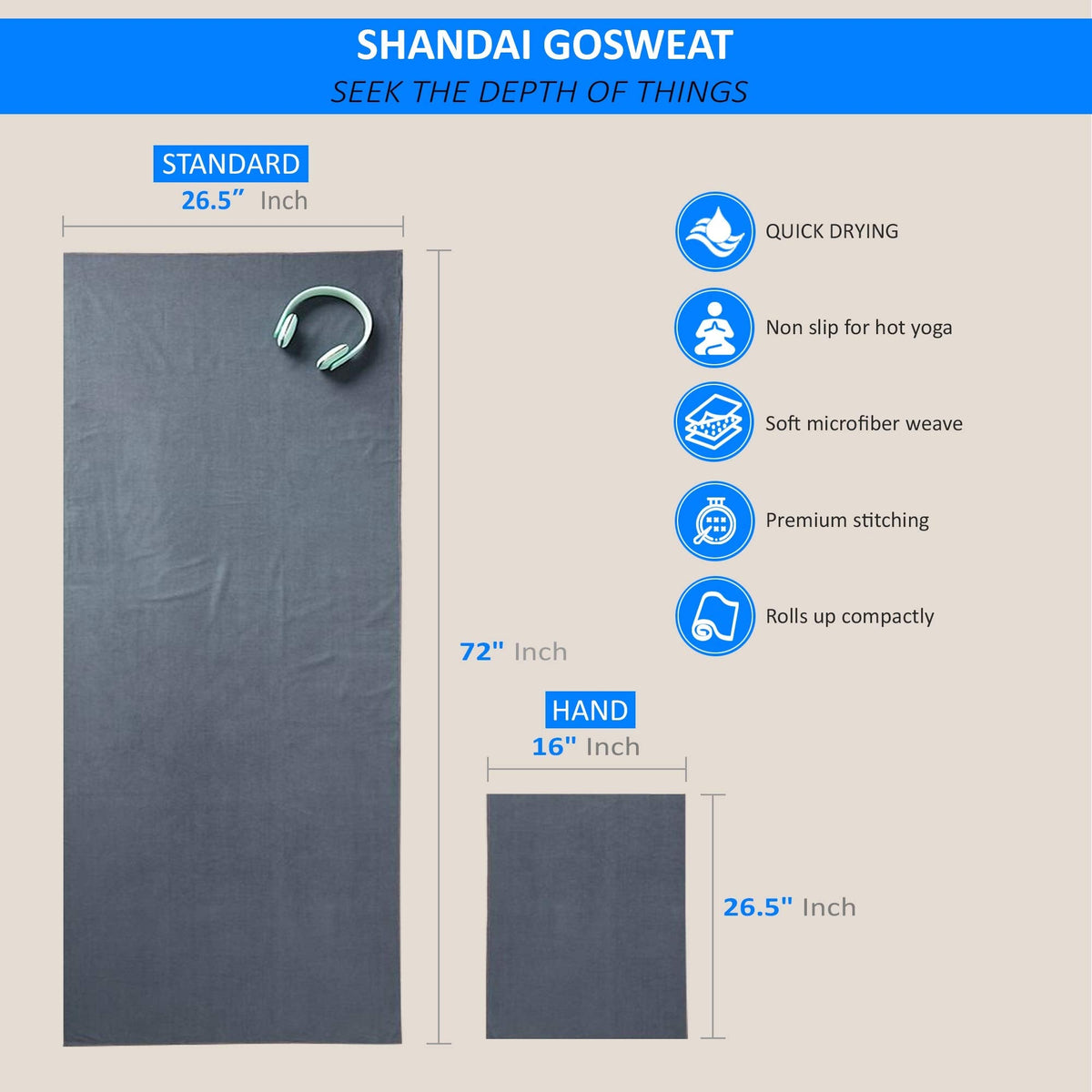 Shandali Hot Yoga Towel - Suede - 100% Microfiber, Super Absorbent, Bikram Yoga Mat Towel - Exercise, Fitness, Pilates, and Yoga Gear - Gray 26.5" x 72"