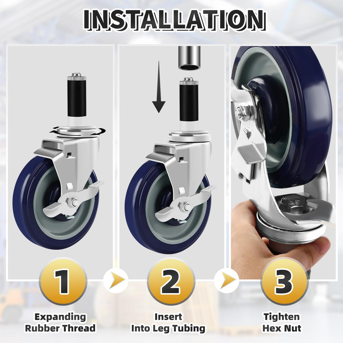 Besitu 5 Inches Prep Table Wheels Set of 4, Expanding Stem Casters Fit for 7/8", 1", 1-1/2" and 1-5/8" Tube Leg for Stainless Steel Table, Cart, Furniture Legs, Commercial Kitchen Appliances