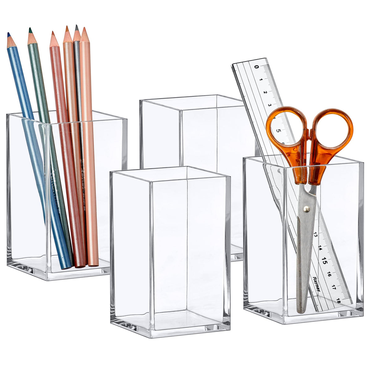 Amazing Abby - Penelope - 4-Pack Pen Holder, Acrylic Pen Holder, Clear Plastic Organizer for Office Supplies, Perfect Office Desktop Storage Solution for Pencils, Pens, Markers, Scissors, and More