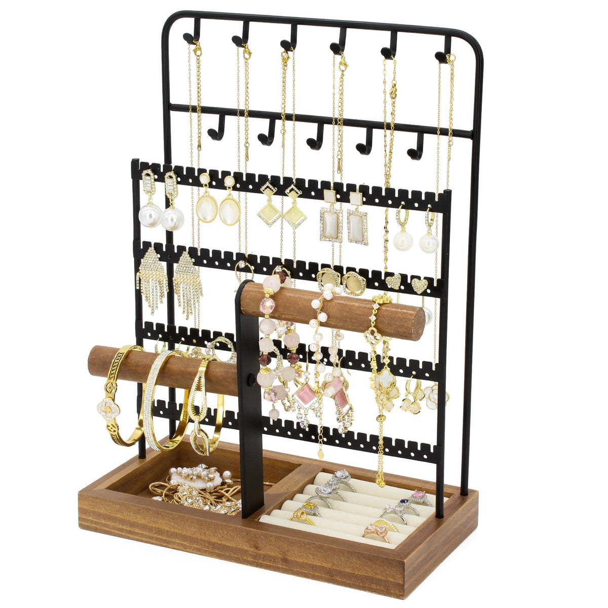 JONKASIPA Jewelry Holder Organizer Stand 4-Tier Necklace Stand Earring Holder with Wooden Tray, Jewelry Rack for Bracelets Watches and Rings Display Stand, Gifts for Women & Girls-Black