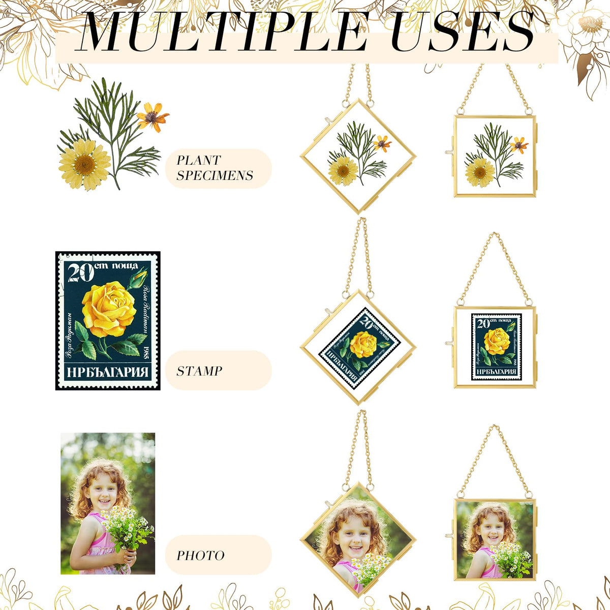 DoubleFill 12 Pcs Hanging Clear Photo Frame Double Glass for Pressed Flower Floating Frame with Chain Display Gallery Artwork Horizontal Vertical Gold Metal Rectangle Wall Decor(3 x 3 Inch)