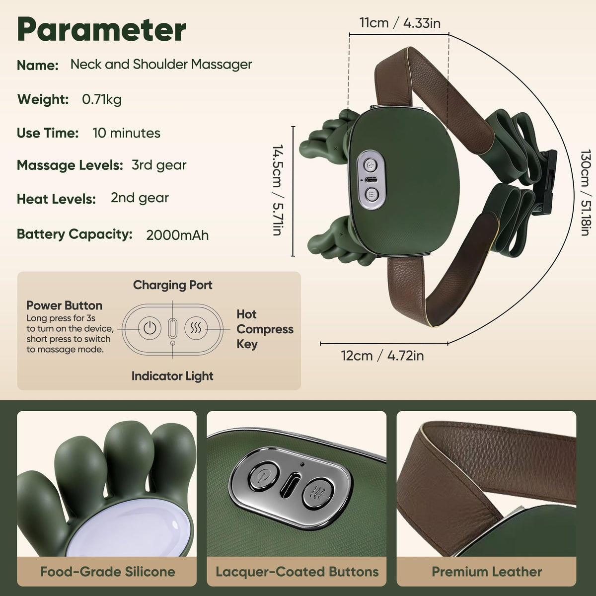 KAXLIDEN Shoulder and Neck Massager, Bionic Heated Massager, Neck Massager with Fingers, 4D Kneading Massage, Simulates a Real Palm Massage for Comfort, Relax Muscle Tension (Green)