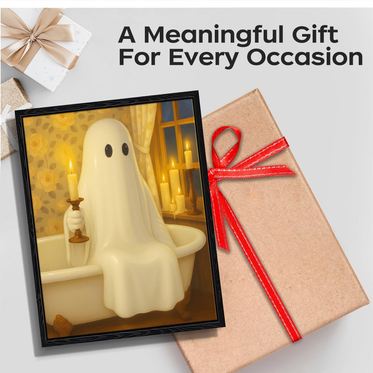 White ghost in clawfoot tub with candle, Rembrandt style ghost pictures wall decor, matte framed ghost wall art, Funny ghost pictures for bathroom, gift for Halloween, 8x10 inch