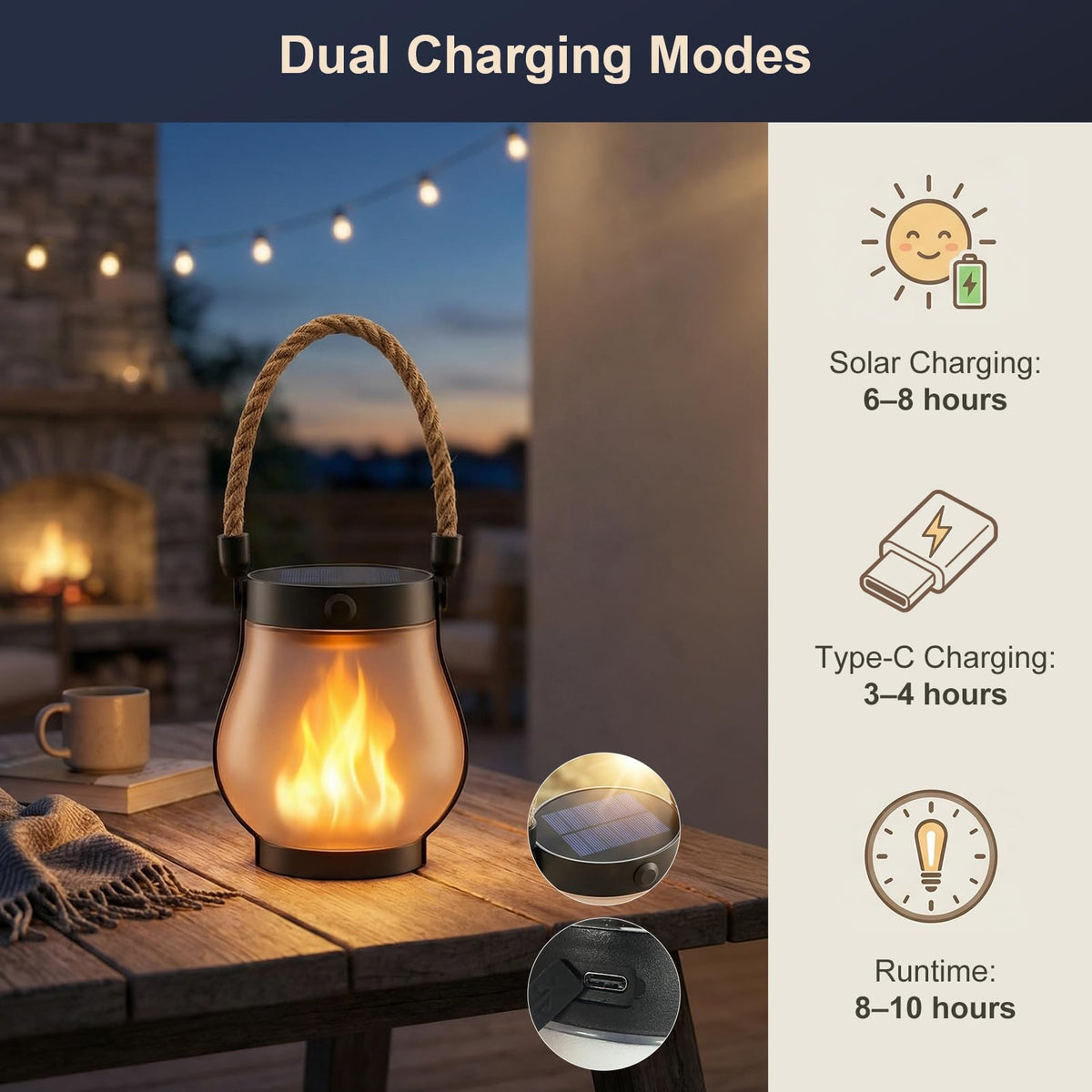 Solar Lanterns Outdoor Waterproof 4 Pack, Outdoor Solar Lanterns with Flickering Flame Effect, USB-C & Solar Charging, Auto Dusk to Dawn, Hanging Light for Garden Patio Yard