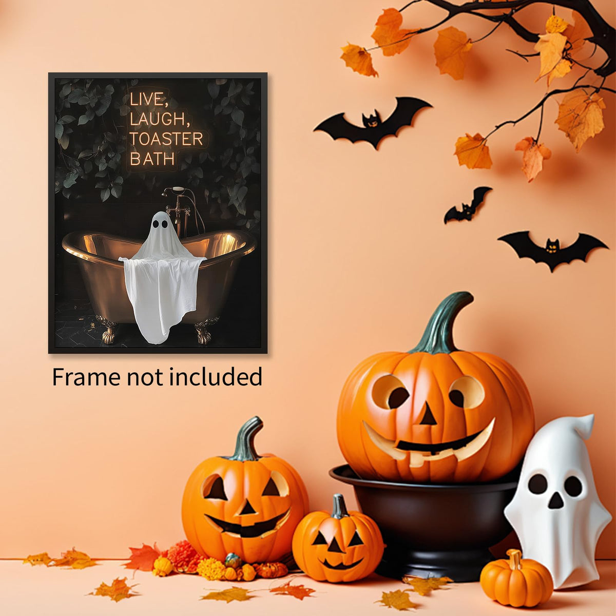 MWZUPQ Halloween Gothic Bath Ghost Poster Dark Horror Fun Bathtub Wall Art Live Laugh Toaster Ghost Canvas Prints for Bathroom Restroom Wall Decor 16X24 inch Unframed