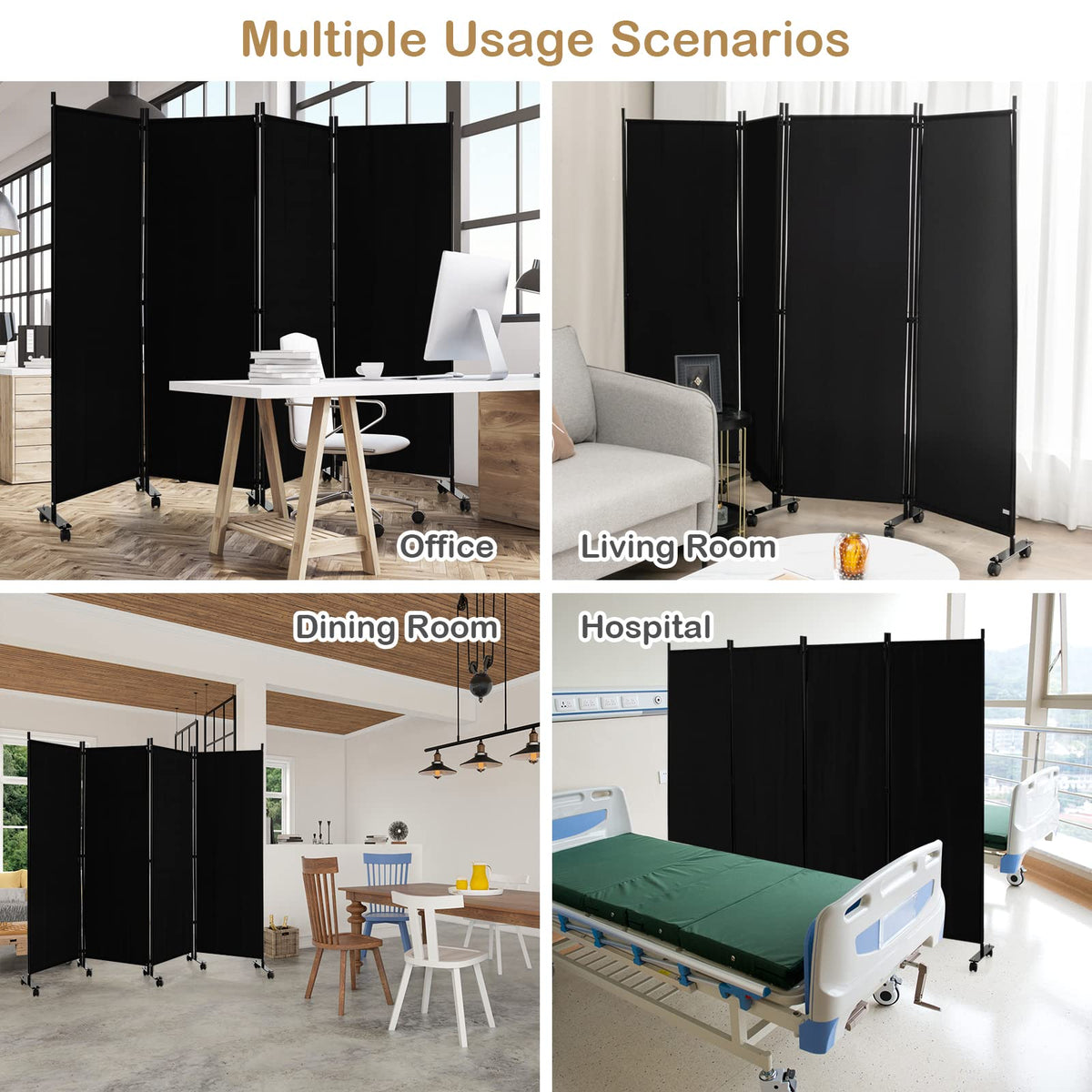 LDAILY 4 Panels Folding Room Divider, 6FT Tall Fabric Privacy Screen w/Metal Frame, Freestanding Partition Wall Divider w/Rolling Wheels for Bedroom, Dining Room, Office, Hospital (Black, 4-Panel)