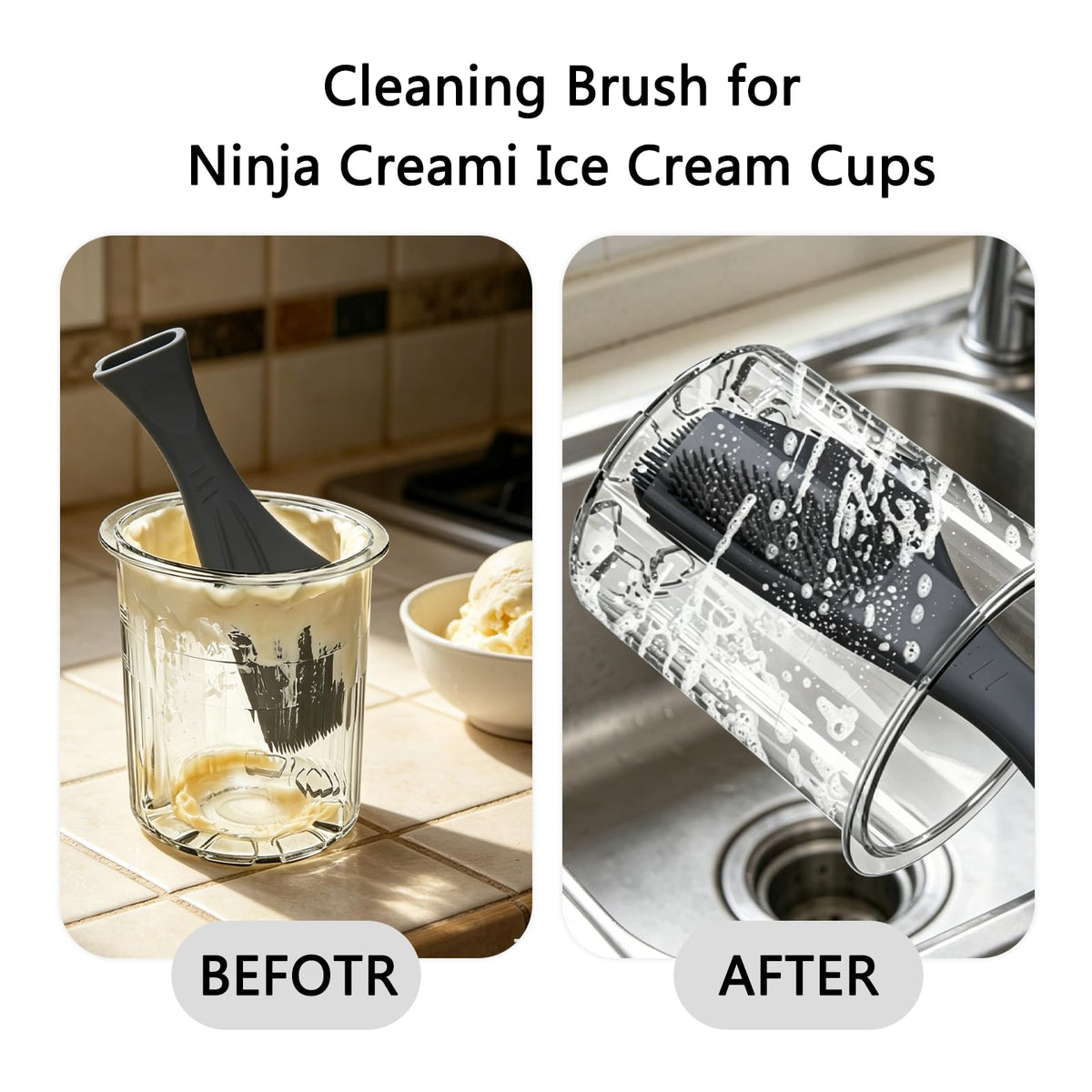 Cleaning Brush for Ninja Creami Ice Cream Cups – 2-in-1 Silicone Scraper and Brush,Curved Blade Fits Cup walls & Bottom, Dishwasher Safe (Gray)