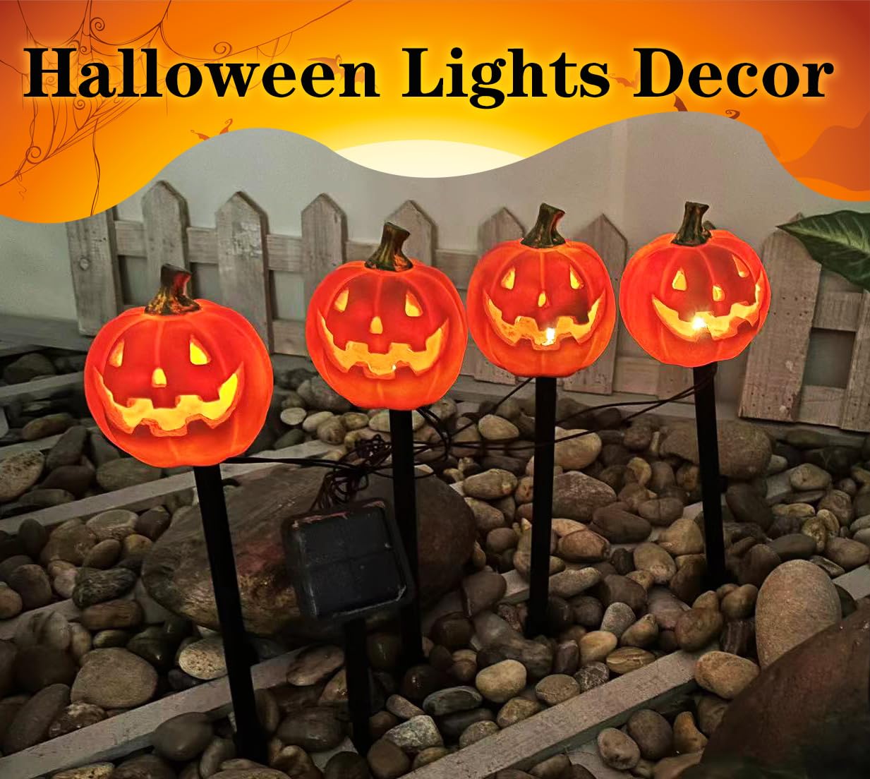 NIGHT-GRING 4 Pack Halloween Pumpkin Pathway Solar Lights, Orange Yard Stake String Lights Halloween Outdoor Decorations, Waterproof LED Pumpkin Halloween Décor Walkway Lights