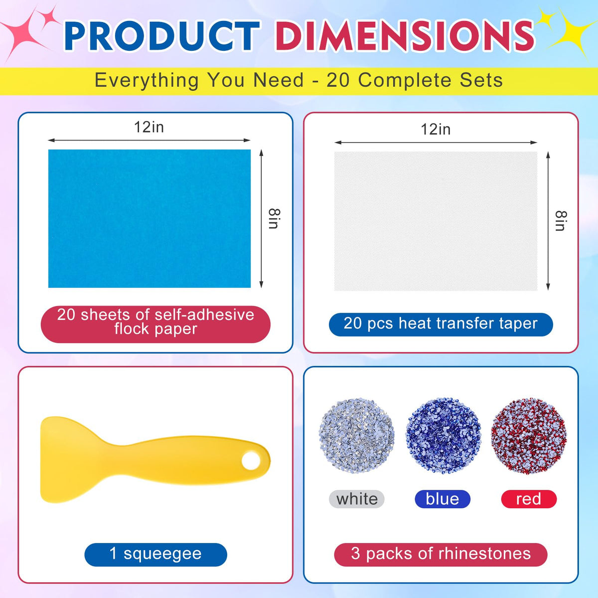 Sureio 20 Sets 12×8 Inches Rhinestone Template Kit with 20pcs Self-Adhesive Flock 20pcs Heat Transfer Tape, Squeegee Tool and Gems, for DIY Rhinestones Vinyl Cutting Machine Craft Gift