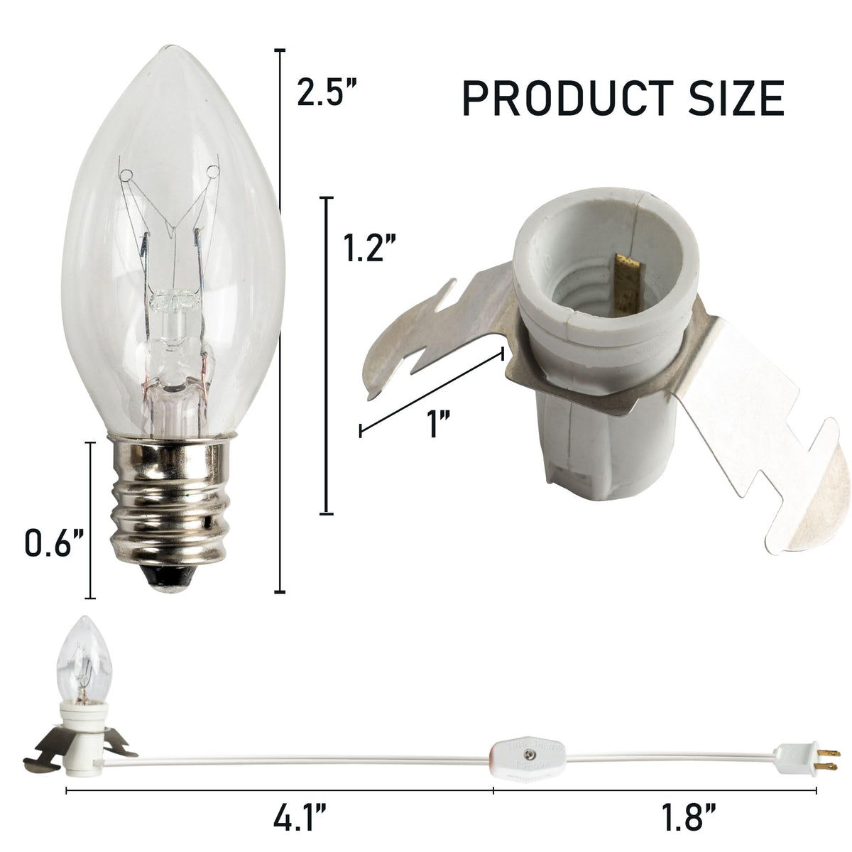 Dazzle Bright C7 Candelabra Light Bulbs 2 Pack 6 FT White Cord with On/Off Switch Warm White Incandescent Model 31001A-09