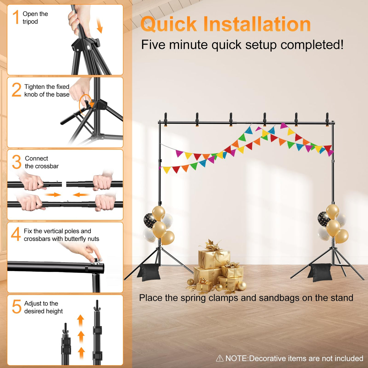 GLOSHOOTING Backdrop Stand, Photo Video Studio 10 x 10FT Adjustable Backdrop Stand, Background Support System Kit with 2 Crossbars, 6 Clamps, 2 Sandbags and Carry Bag for Photography Parties Wedding