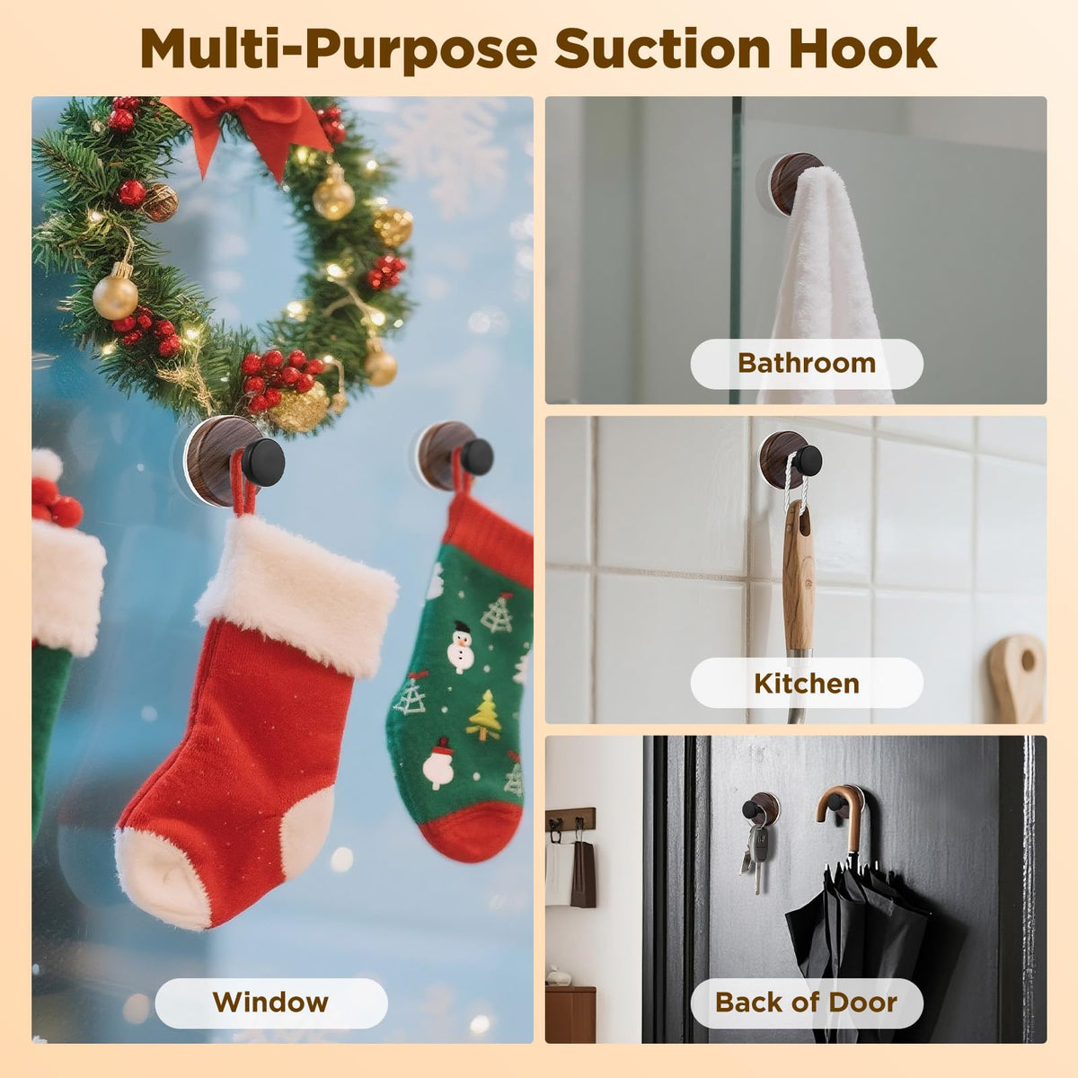 OUTXE Suction Cup Wreath Hanger, Heavy Duty Reef Hook for Front Door/Glass Window/Over Door/Outdoor, Christmas/Thanksgiving/Halloween/July 4th/Easter/Valentine/Fall/Summer/Spring (Walnut, 2-Pack)