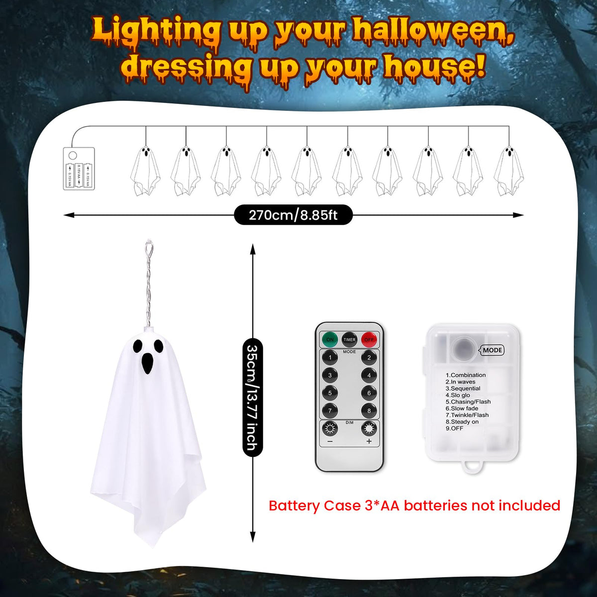 Halloween Ghost Decor, 10 Pcs Spooky Ghosts String Lights Battery Operated, 8 Lighting Mode, Light up Ghost Garland, for Mantle, Fireplace, Window, Porch, Party Indoor Outdoor Decor