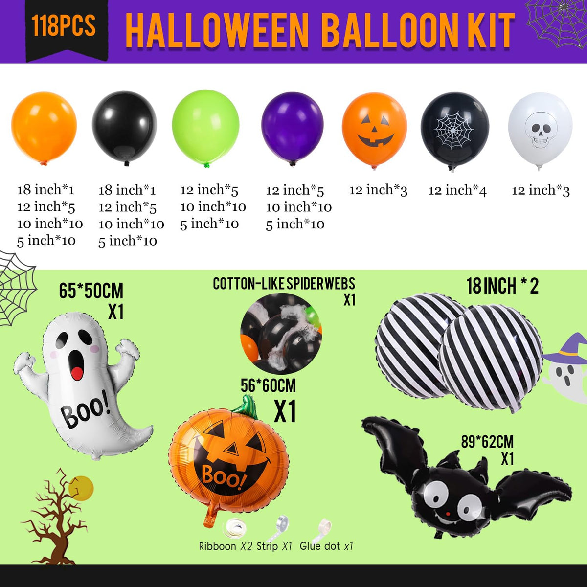 Halloween Decorations with Orange Black Green Purple Balloon Garland Arch & Spider web Bat Ghost Pumpkin Stripes foil Balloons for Horror Night one spooky Trunk or Treat Car Party Boo day Supplies