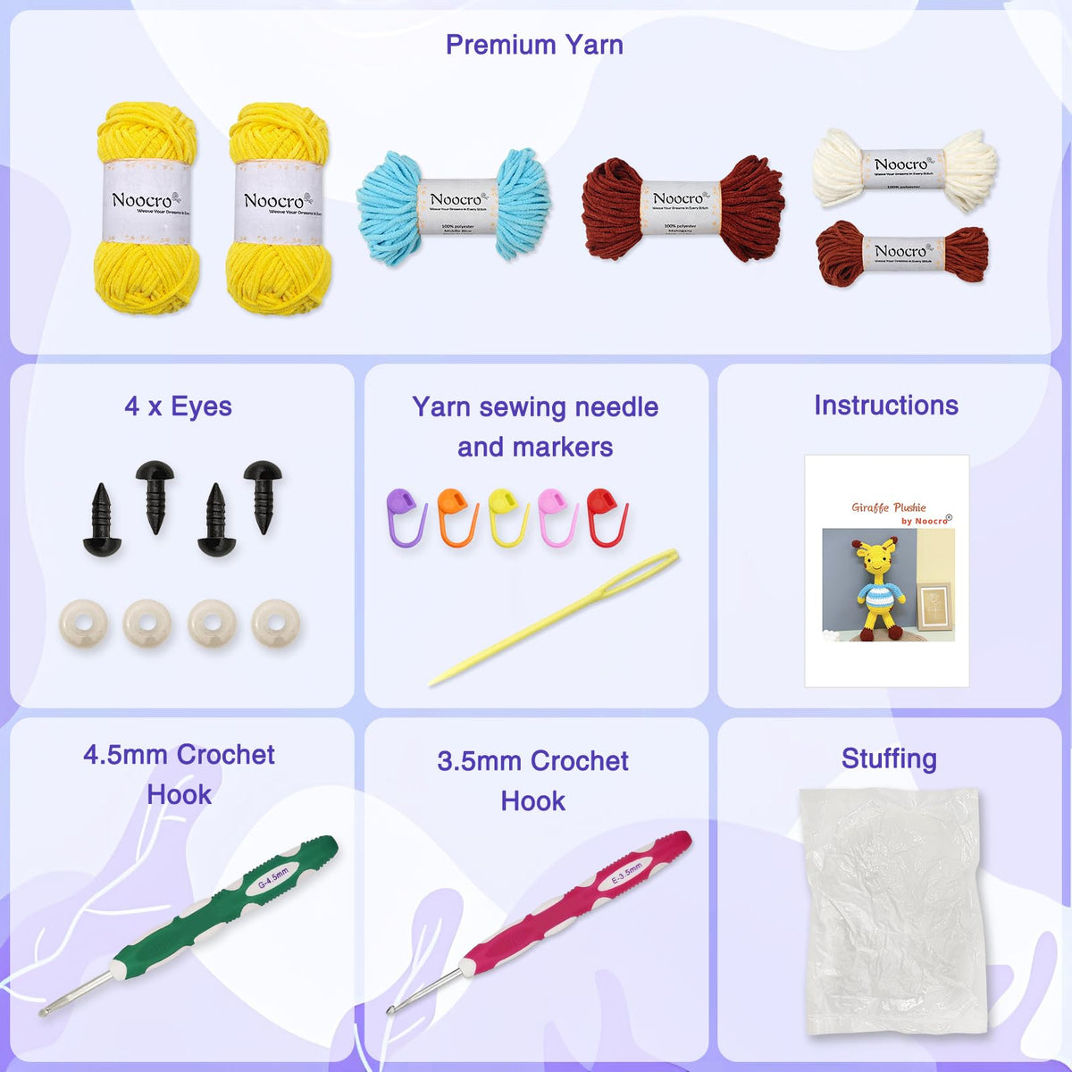 Noocro Amigurumi Crochet Kit for Beginners, Intermediate and Advanced Crocheters, DIY Crochet Plushie Kit with Complete Kit, Detailed Instrucions and Video Tutorial - Fun Craft Gift (Giraffe)