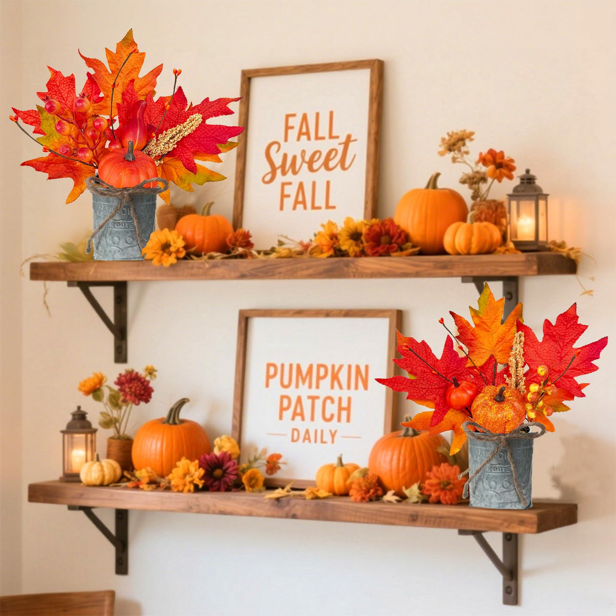 2 Pack 12 Inch Thanksgiving Decorations Fall Centerpieces for Tables Thanksgiving Table Decor Fall Arrangements Maples Leave Pumpkin Berried Wheat Realistic Moss in Metal Pots for Home Kitchen Table