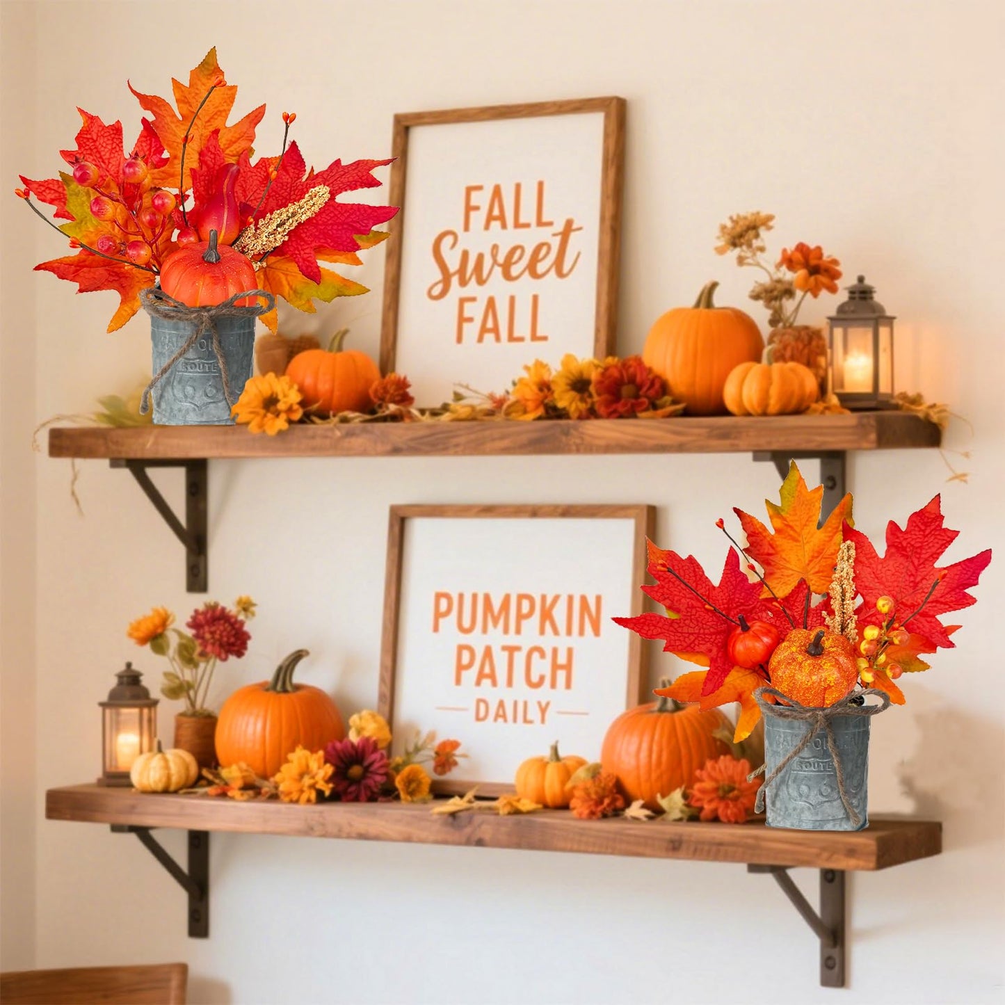 2 Pack 12" Fall Decorations for Home Fall Table Centerpieces Fall Arrangements Maples Leave Pumpkin Berried Wheat Realistic Moss in Metal Pots Thanksgiving Decorations for Home Kitchen Table Farmhouse