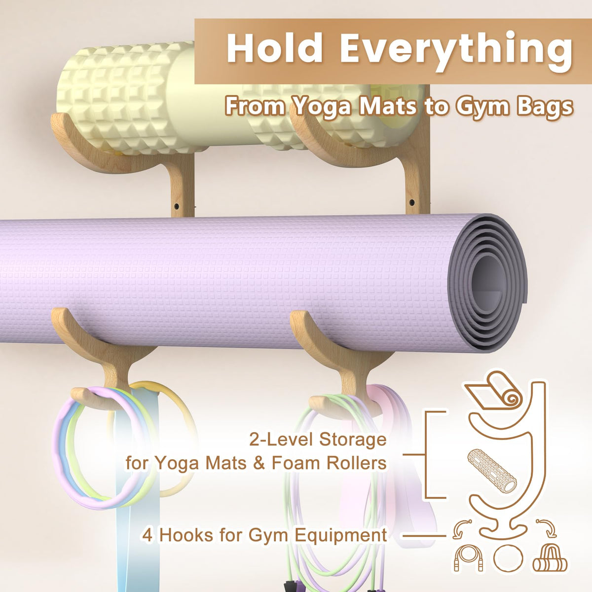 BSTSLL Wooden Yoga Mat Holder Wall Mount, Yoga Mat Storage Rack, Home Gym Equipment Organizer, Wall Mount Workout Storage Holder for Hanging Foam Rollers and Resistance Bands (2-Tier)