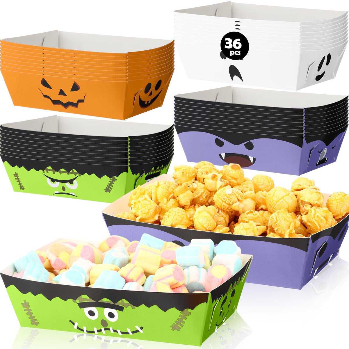 Dunzoom 36 Pcs Halloween Paper Food Trays Disposable Bowls Grease Resistant Pumpkin Monsters Ghost Food Boats Dessert Plates Nacho Snack Hot Dog Serving Tray for Halloween Party Supplies Decorations