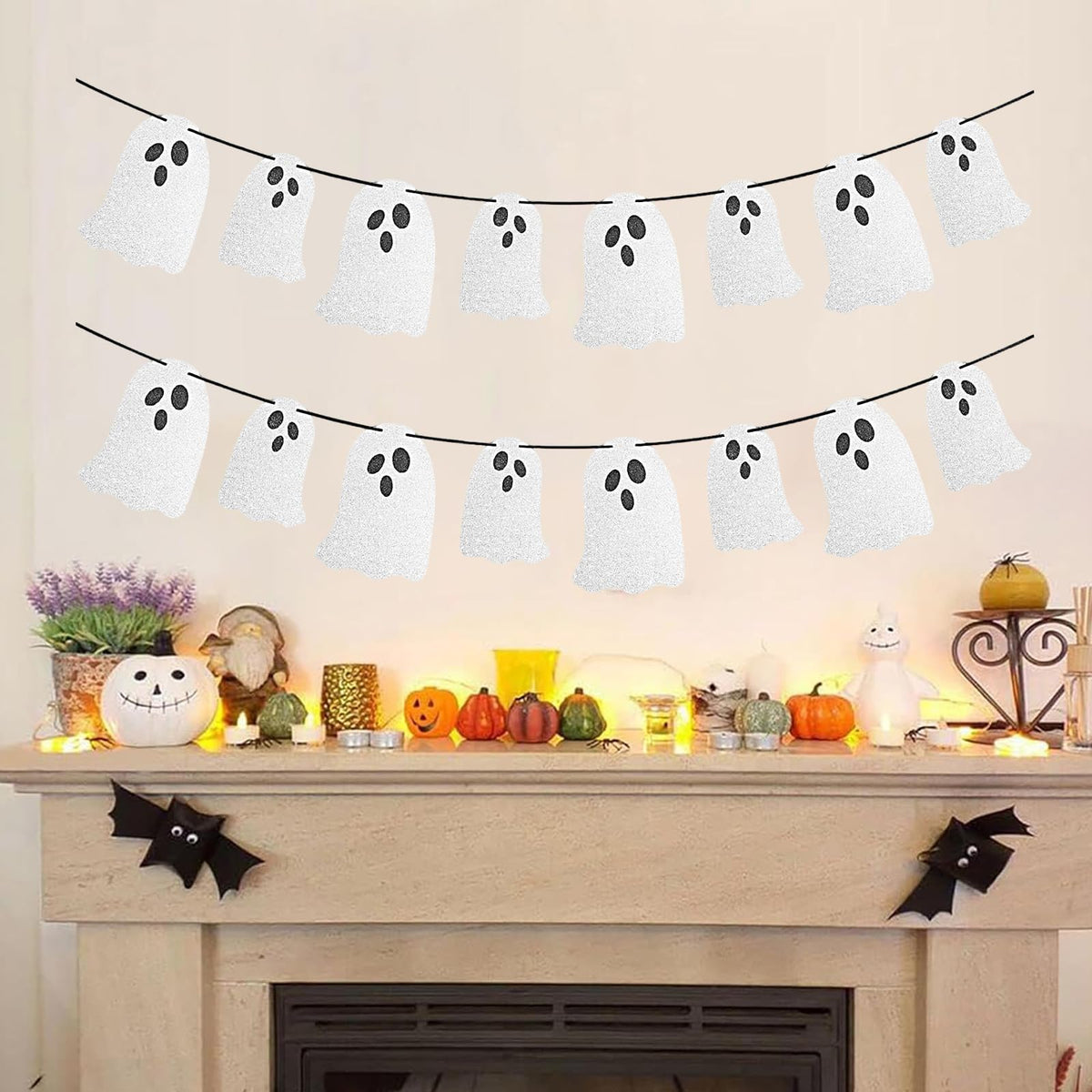 Vavious Halloween Party Banner Cute 4 Pcs Halloween Ghost Banners Indoor for Fireplace Spook Garland Hanging Bunting Sign for Wall Windows Indoor Easter Party Decor White